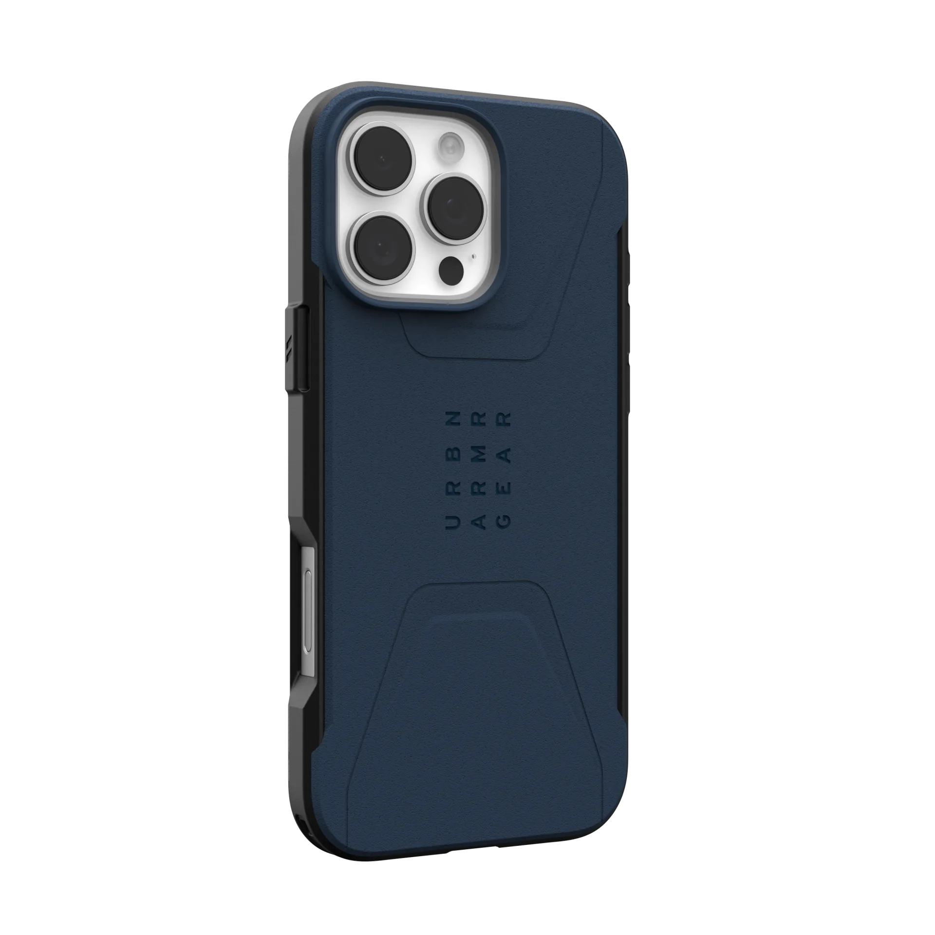 Donkerblauwe telefoonhoes met zwart frame en uitsparing voor cameralens.