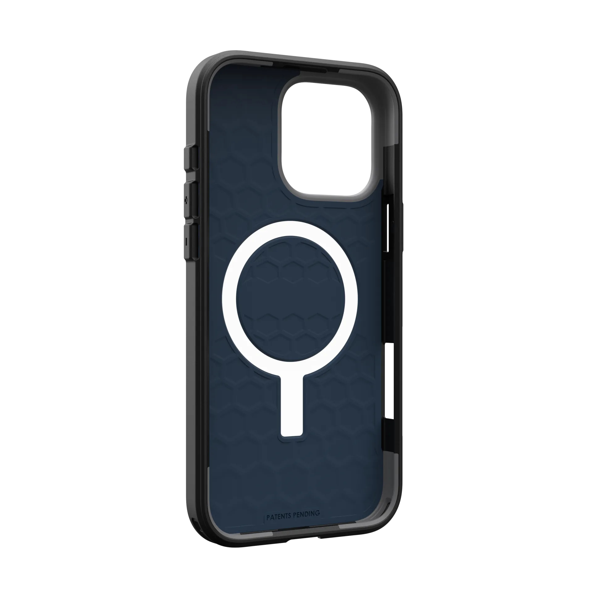 Zwarte telefoonhoes met donkerblauwe honingraatvoering en witte cirkel.