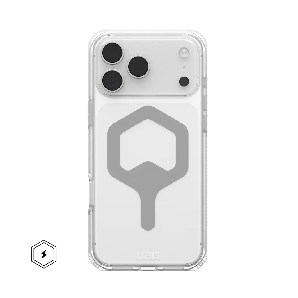 Przezroczyste etui na iPhone z szarym symbolem sześciokąta i ikoną błyskawicy.