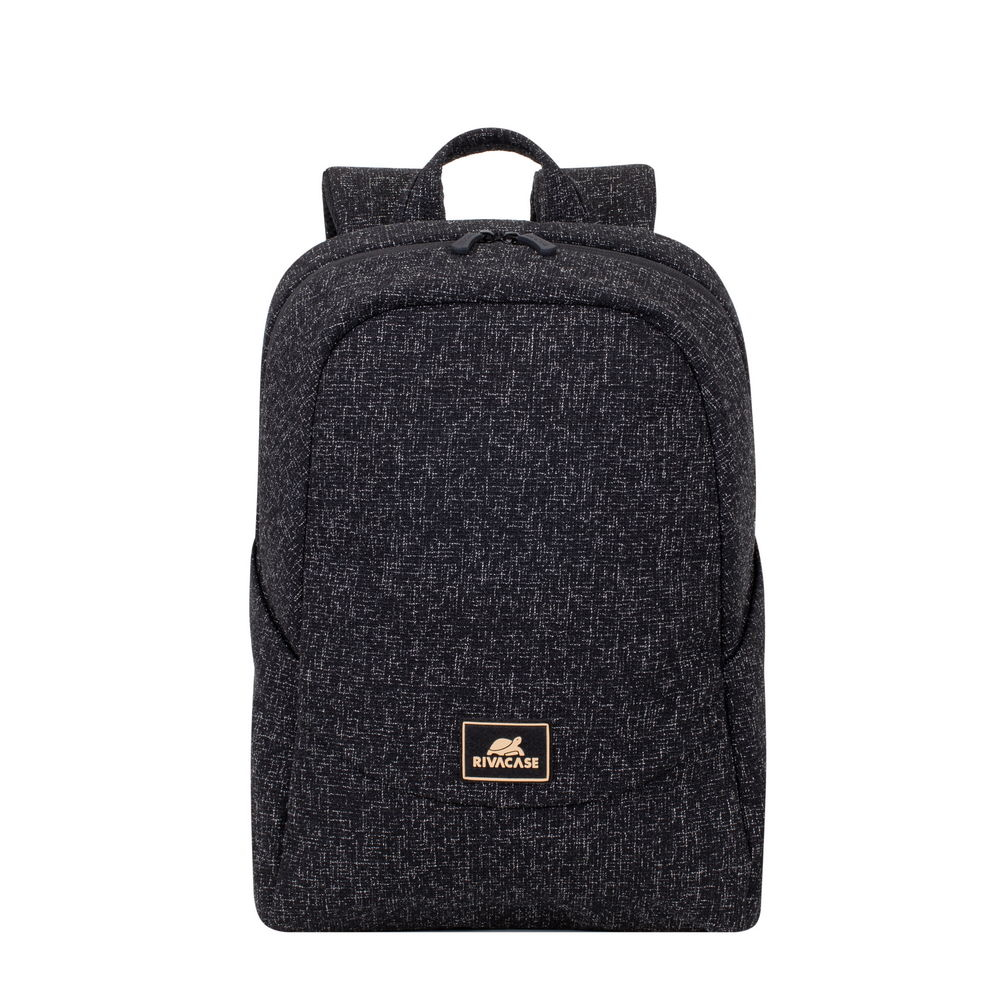 Ein schwarzer Rucksack mit einem gesprenkelten Muster und einem goldenen Logo.