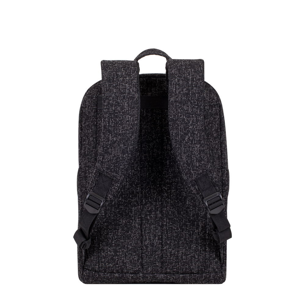 Rückansicht eines schwarzen Rucksacks mit weißem Muster und verstellbaren Trägern.