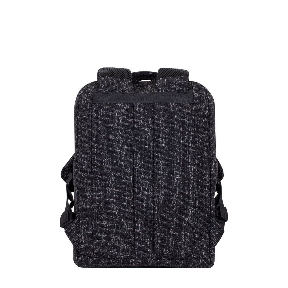 Rückansicht eines dunkelgrauen Rucksacks mit weißem Muster und gepolsterten Trägern.