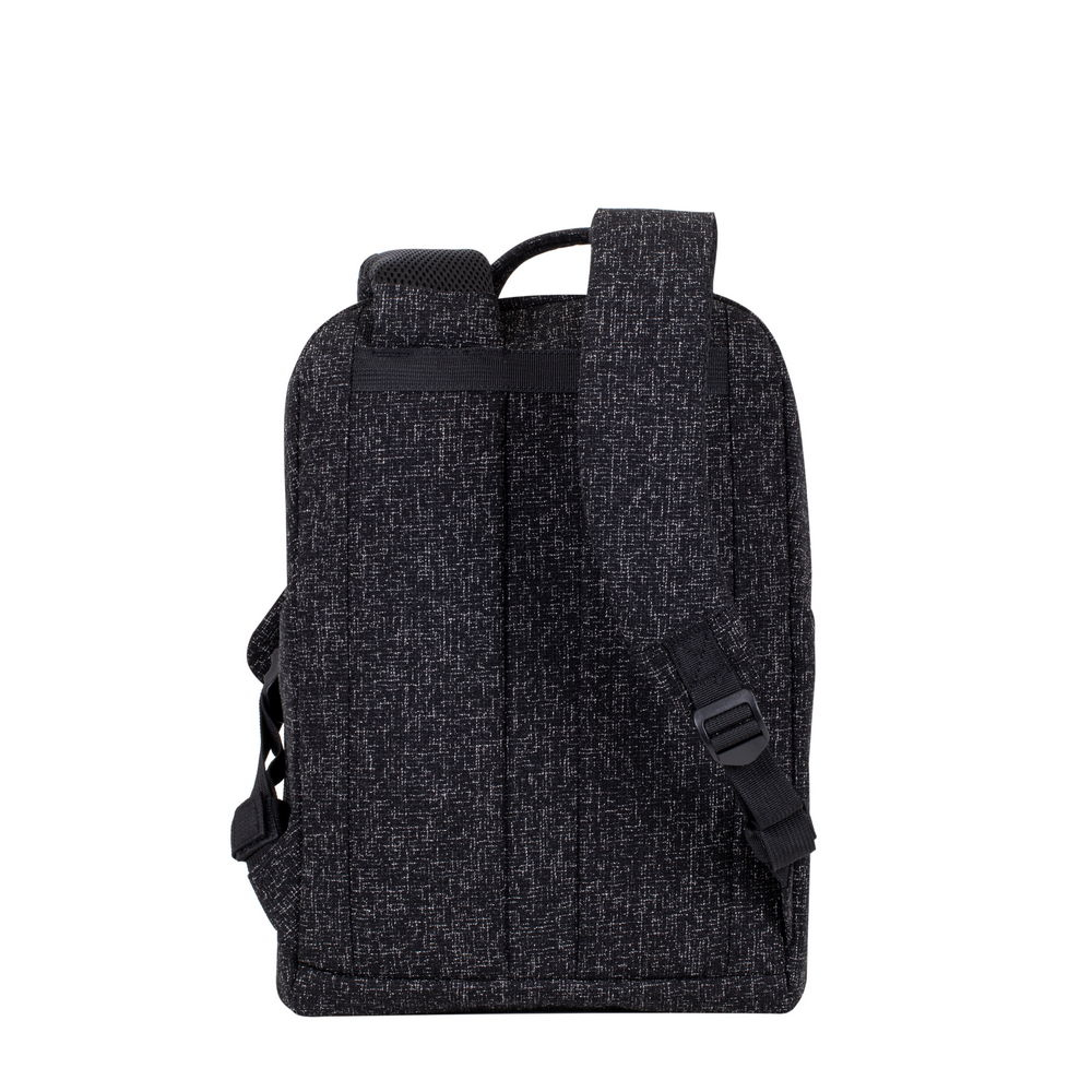 Ein dunkelgrauer Rucksack mit gemustertem Muster. Die Rückansicht zeigt Riemen und Netzpolster.