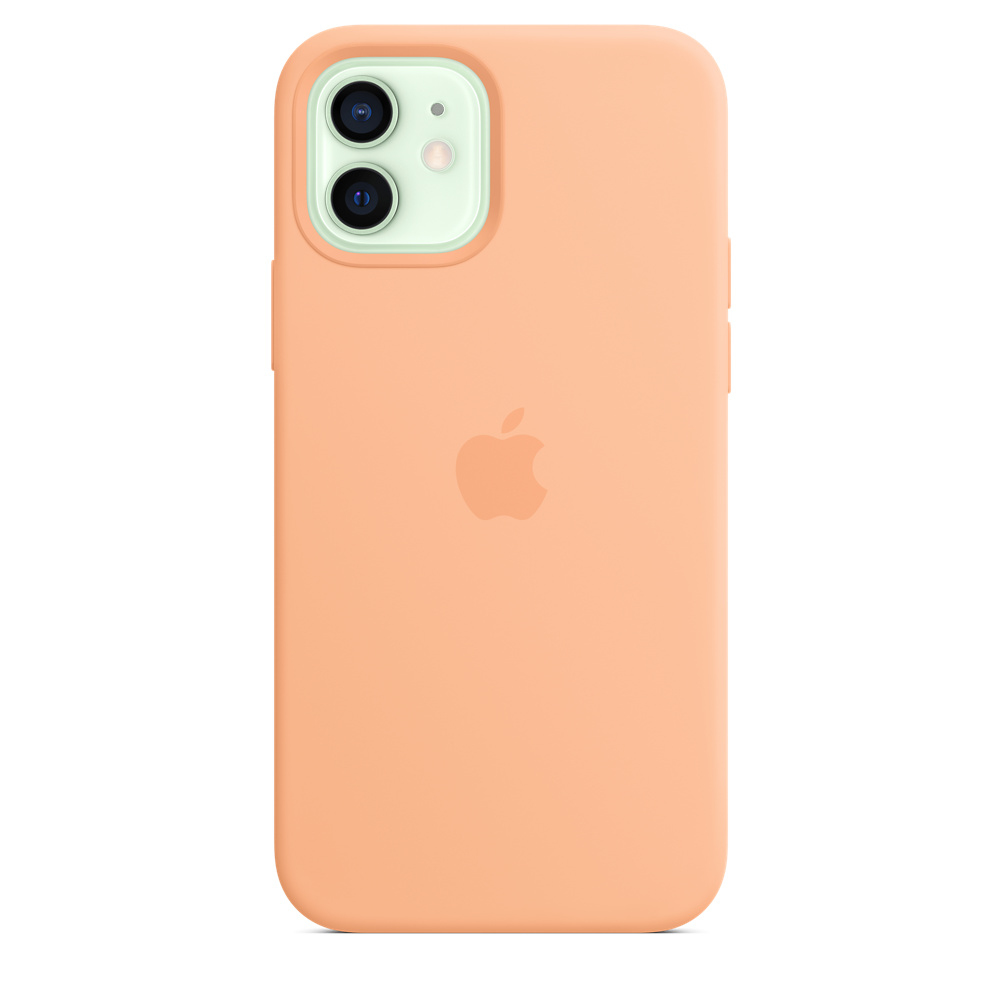Ein pfirsichfarbenes Handy mit zwei Kameras und einem Apple-Logo.