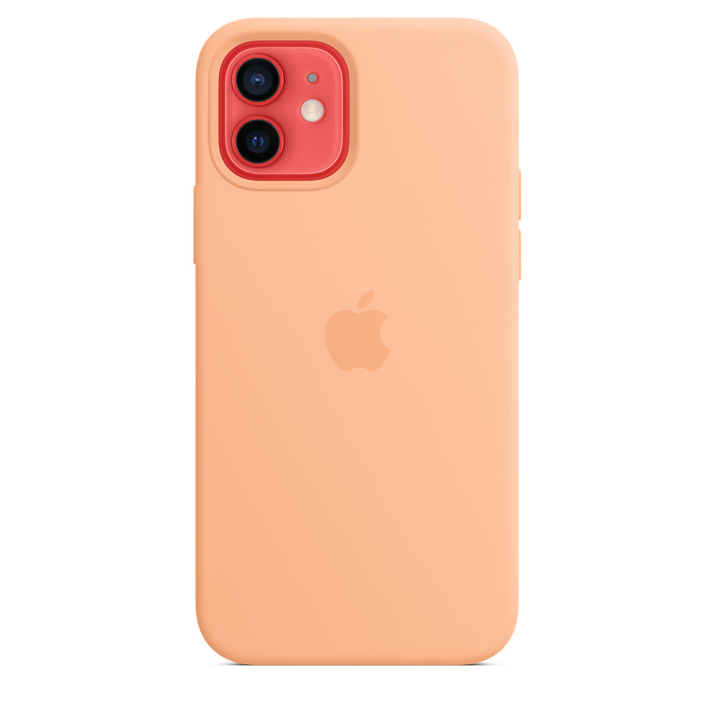 Pfirsichfarbene iPhone-Hülle mit doppelter Kameraaussparung und geprägtem Apple-Logo.