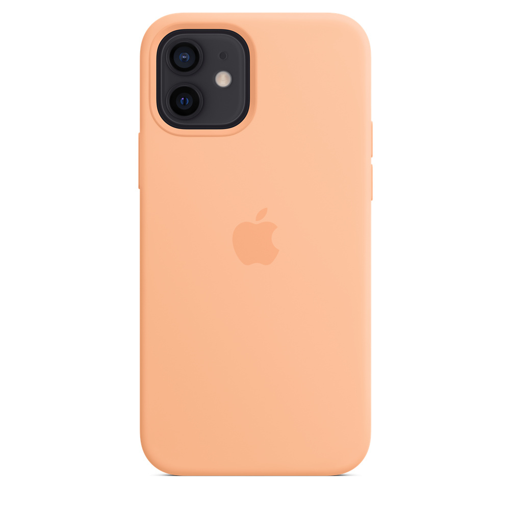 Ein pfirsichfarbenes Apple iPhone mit zwei Kameras und Logo.