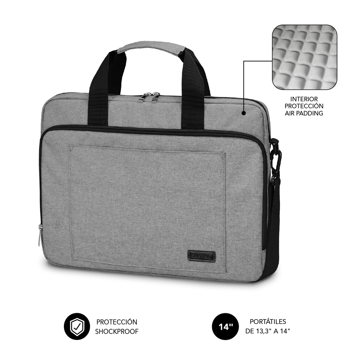 Borsa grigia per laptop con manici e tracolla, antiurto, 14 pollici.