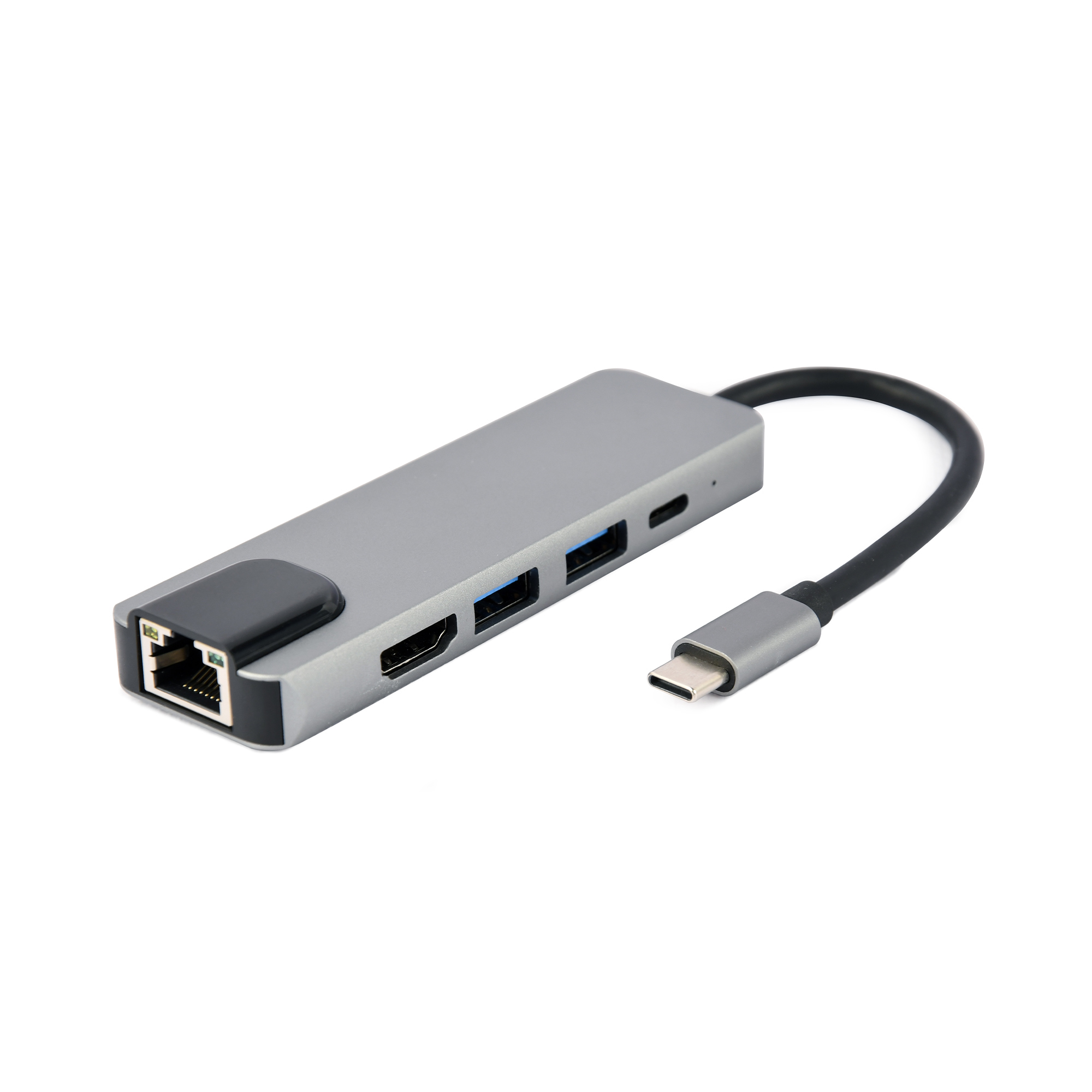 Hub USB-C grigio con porte Ethernet, HDMI e USB.