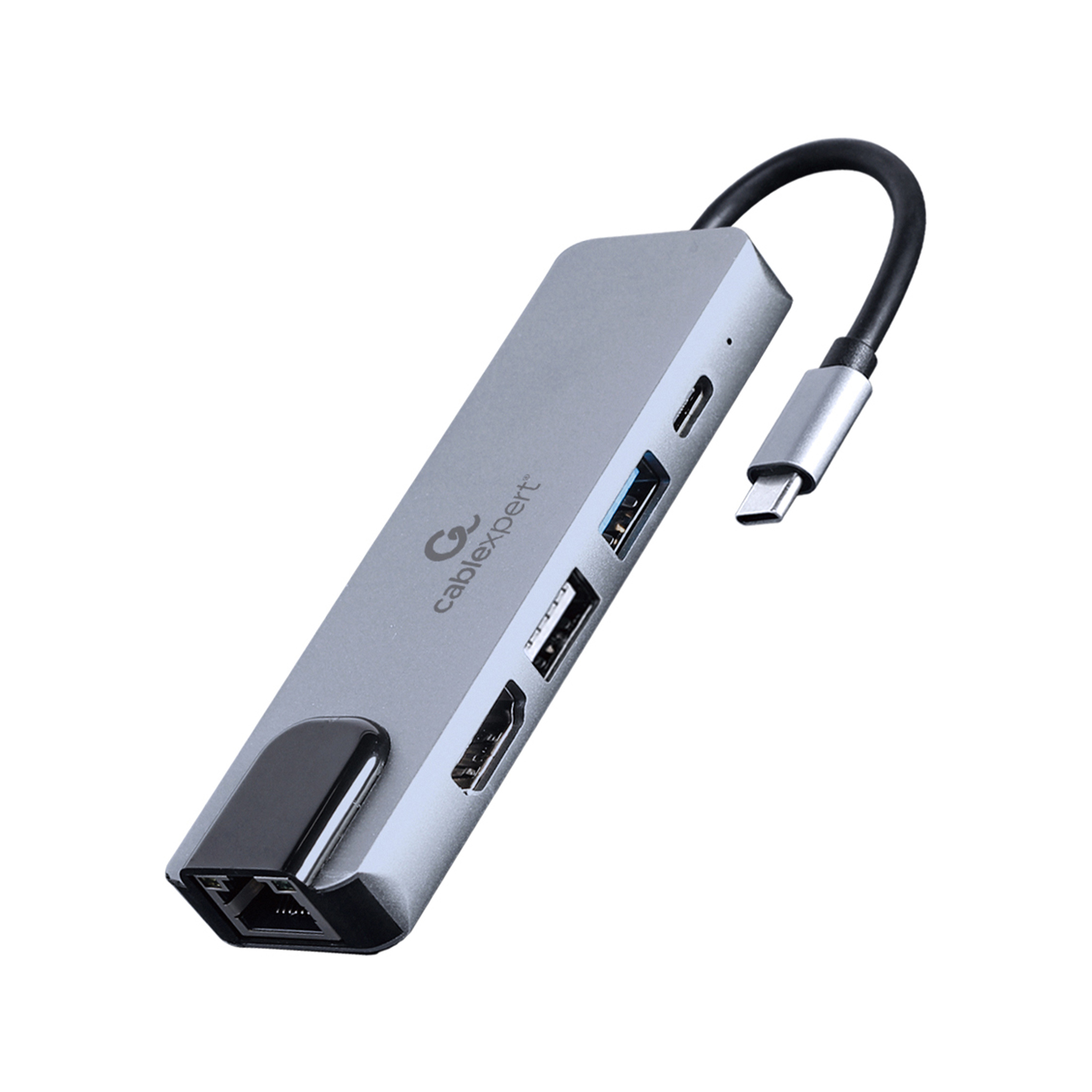 Hub USB-C grigio con porte HDMI, USB ed Ethernet.