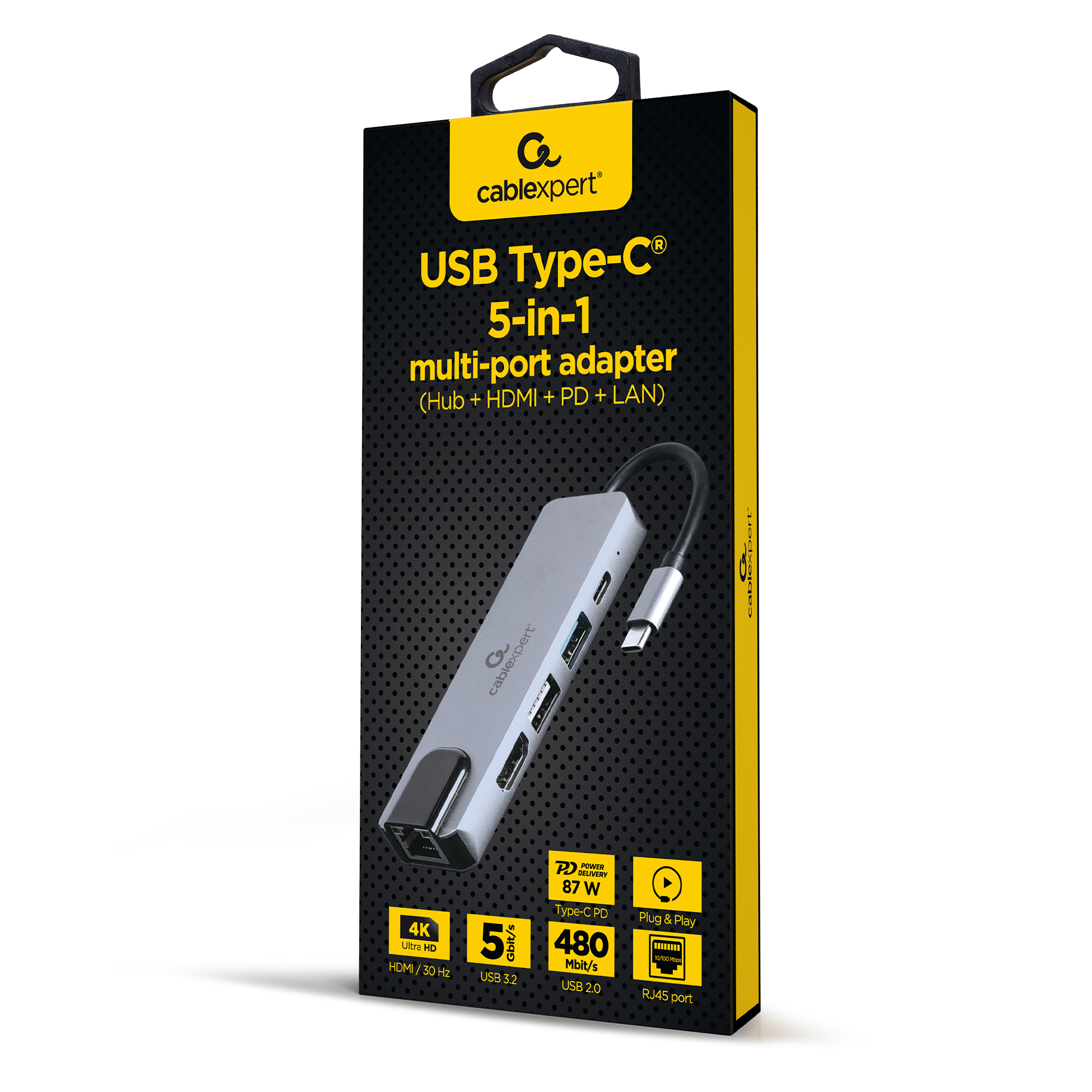 Confezione di un adattatore multiport USB-C 5-in-1 argentato con HDMI, LAN, USB 3.2, USB 2.0.