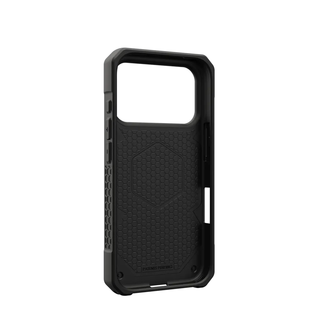 Wnętrze czarnego etui na telefon z wzorem plastra miodu i podniesionymi krawędziami.