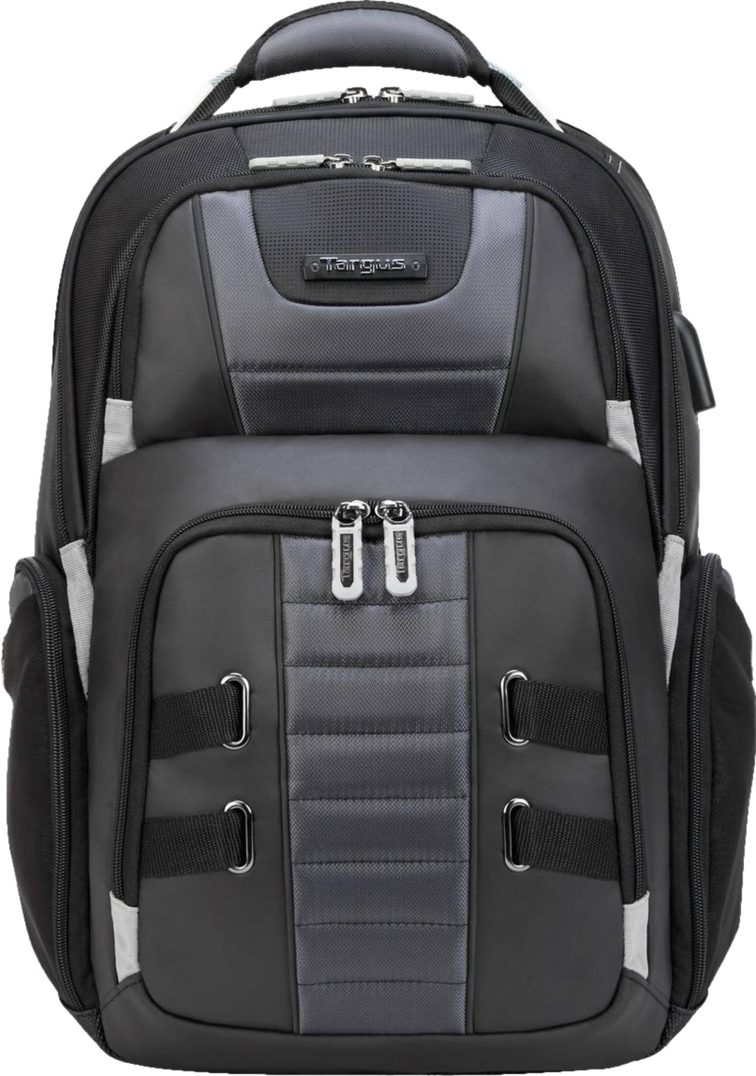 Una mochila negra con detalles grises y múltiples cremalleras. Logo de Targus visible.