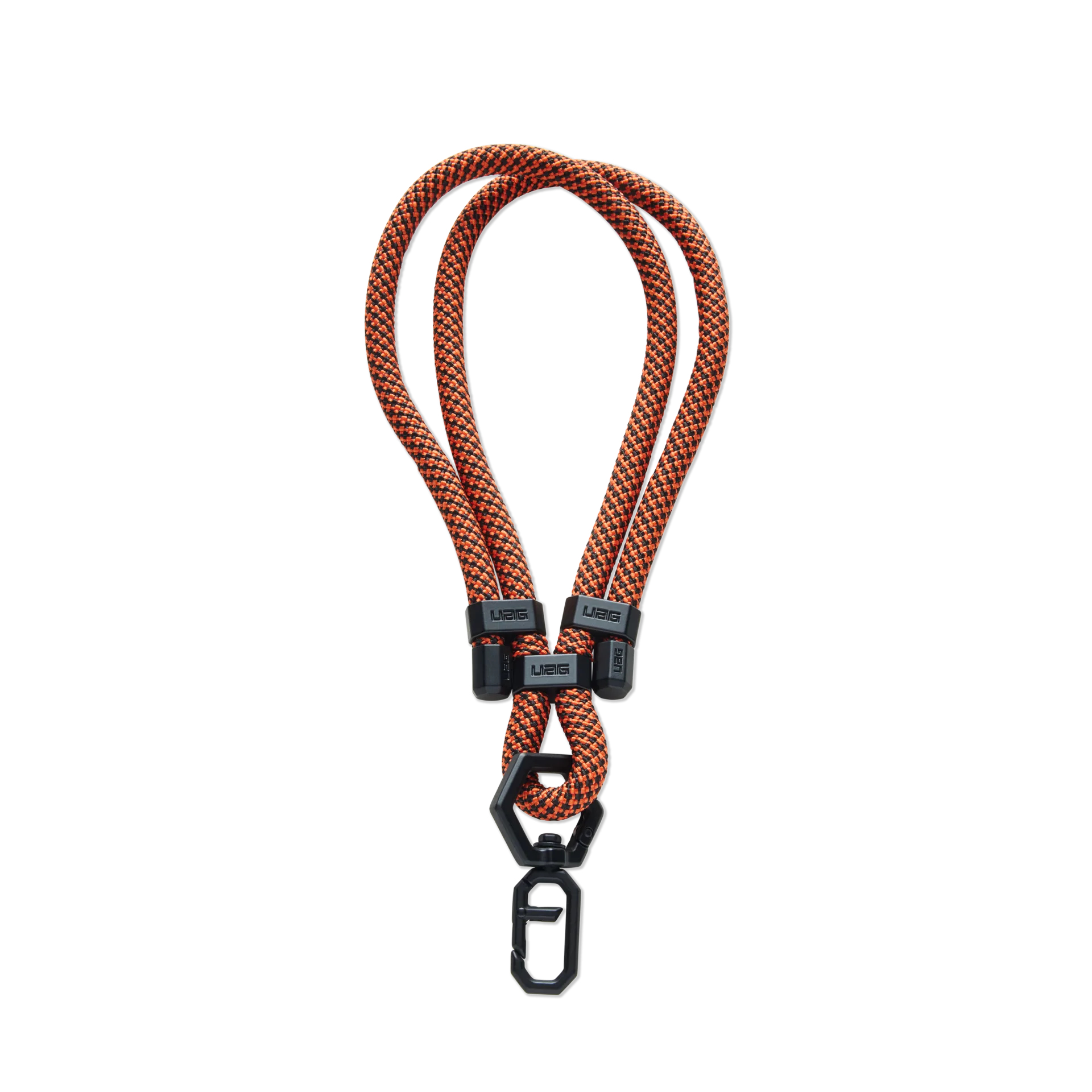 Orange-schwarzes Lanyard mit Karabinerhaken. Auf weißem Hintergrund.