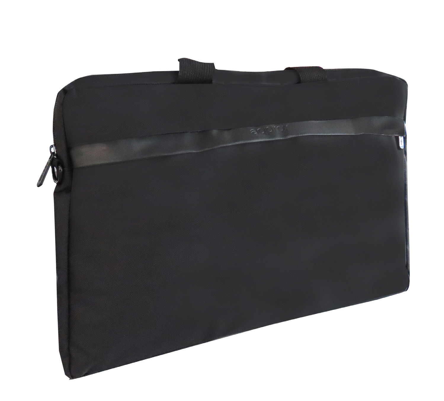 Borsa nera per laptop con cerniera e manici.