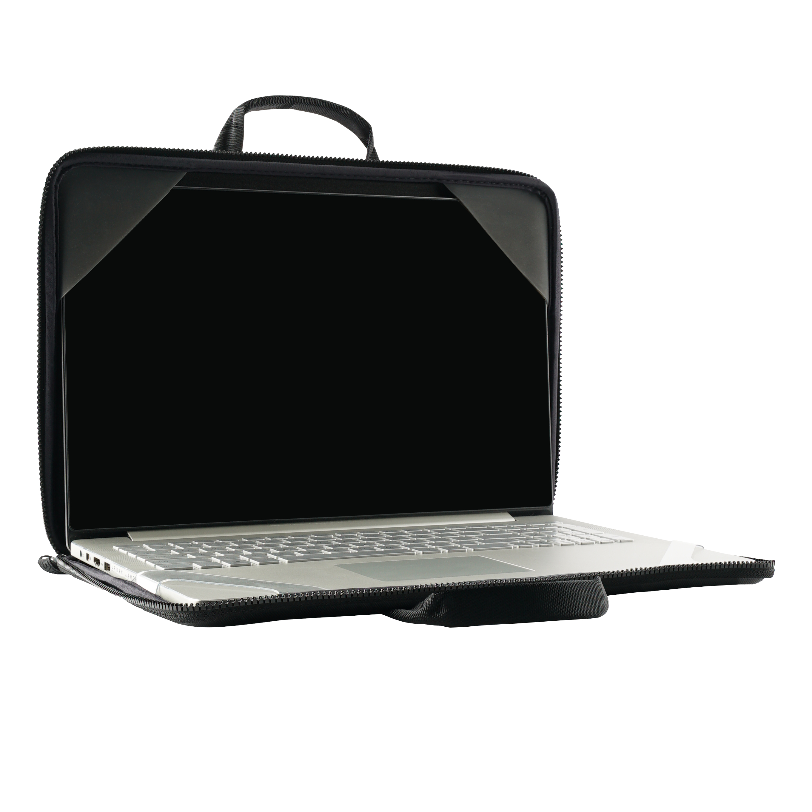 Un portátil plateado dentro de una funda negra abierta con cremallera.