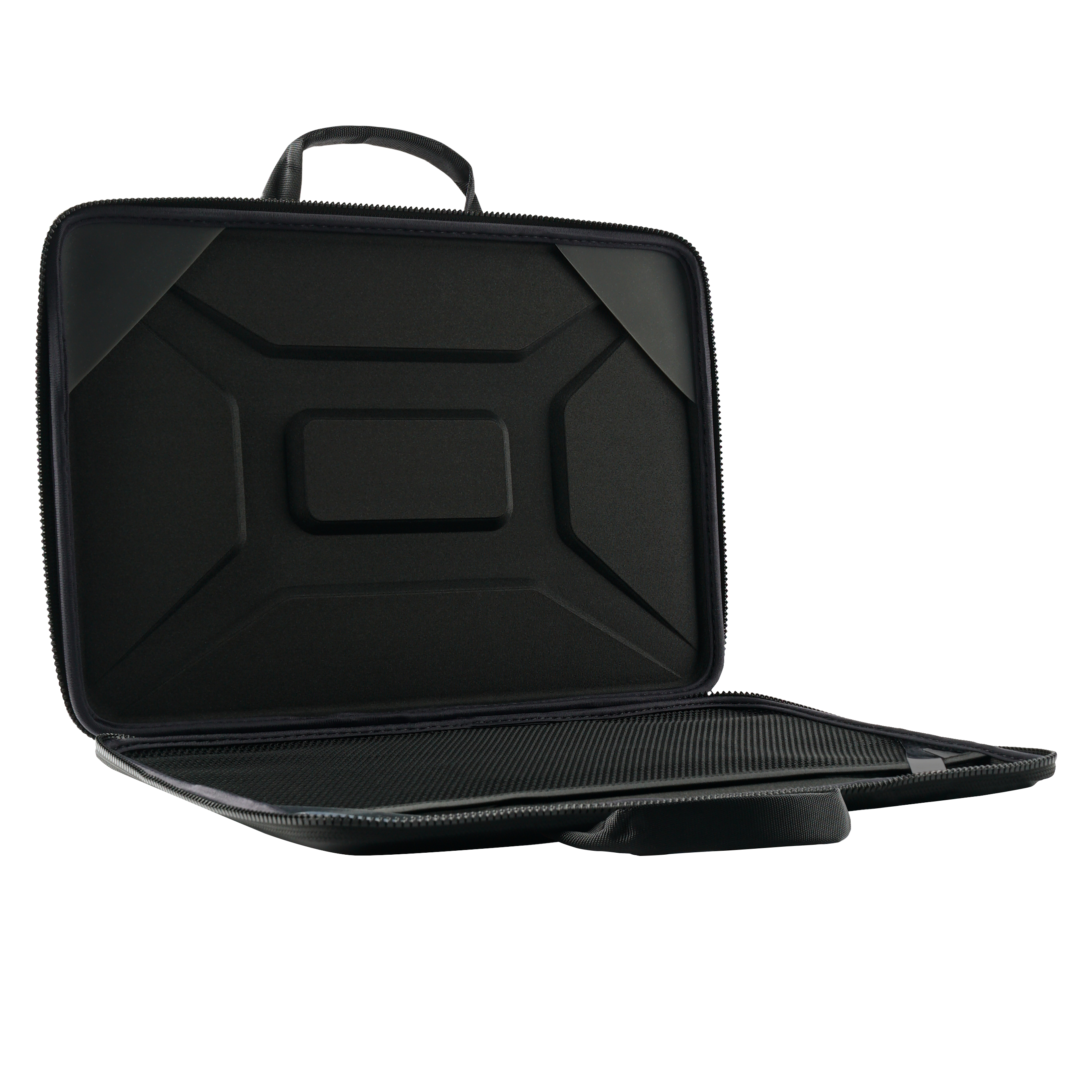 Funda negra para portátil, abierta, con interior acolchado y asa.