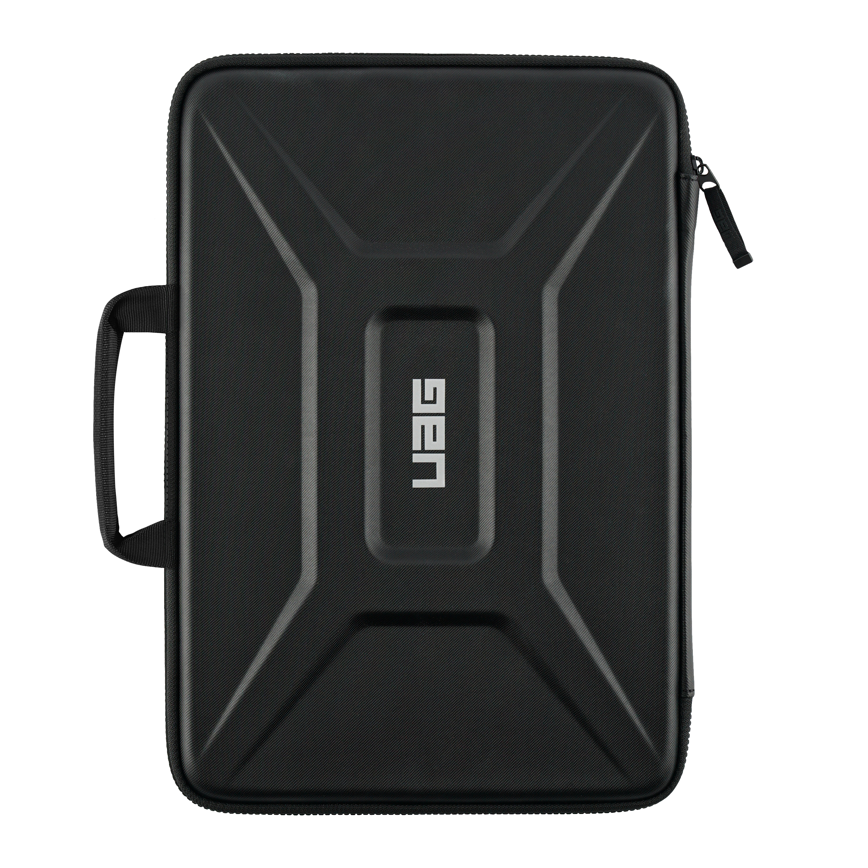 Funda negra para portátil con asa y cremallera, logo UAG.