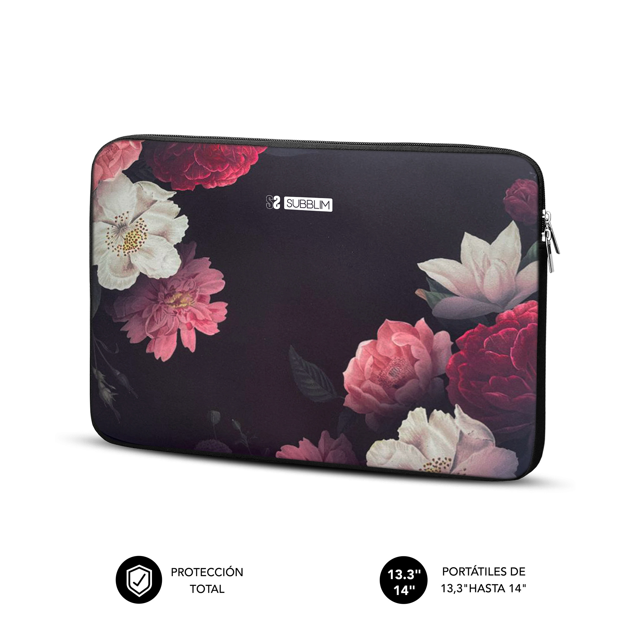 Funda negra para portátil con estampado floral de rosas rosas, blancas y rojas.
