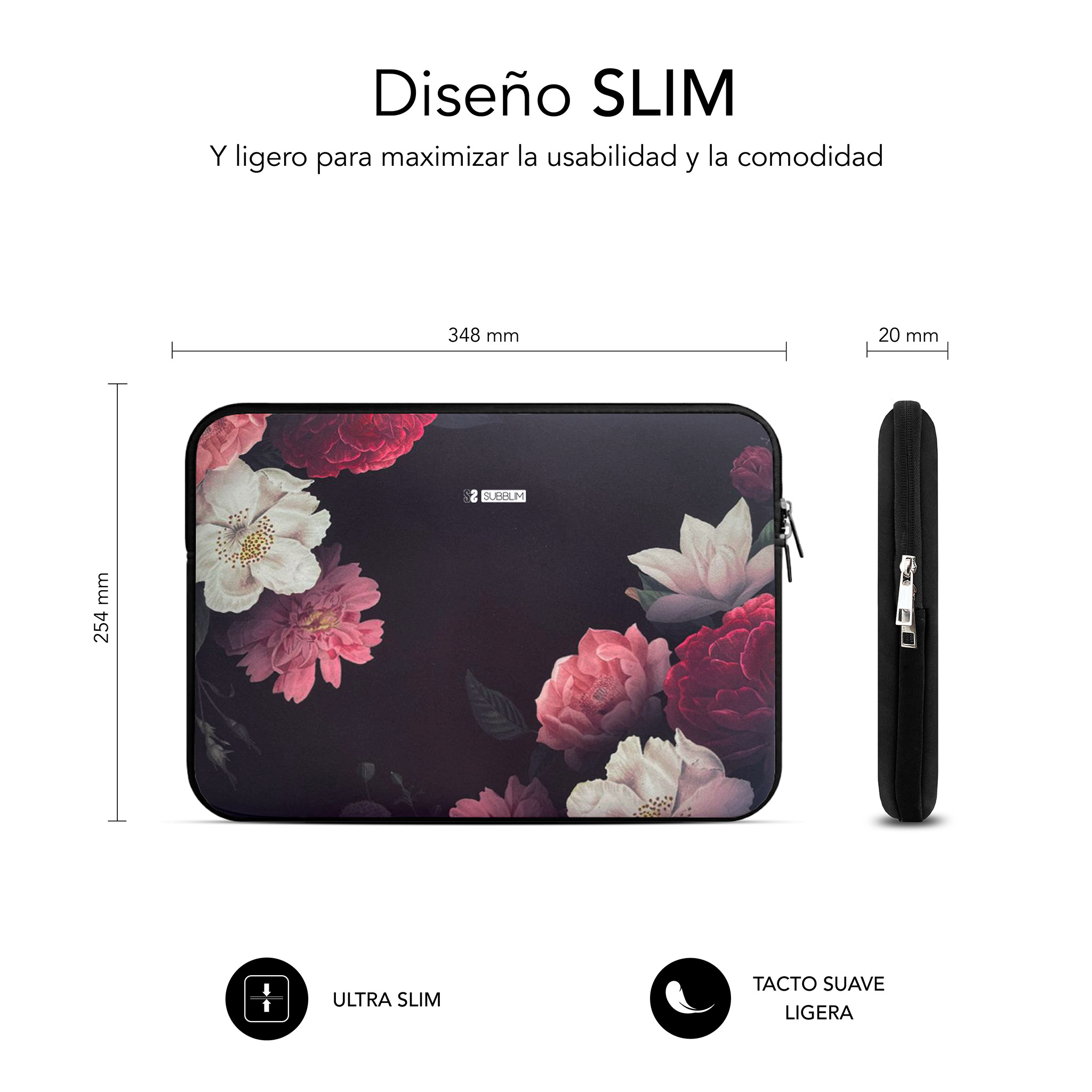 Funda negra para portátil con estampado floral, medidas 348x254x20mm.
