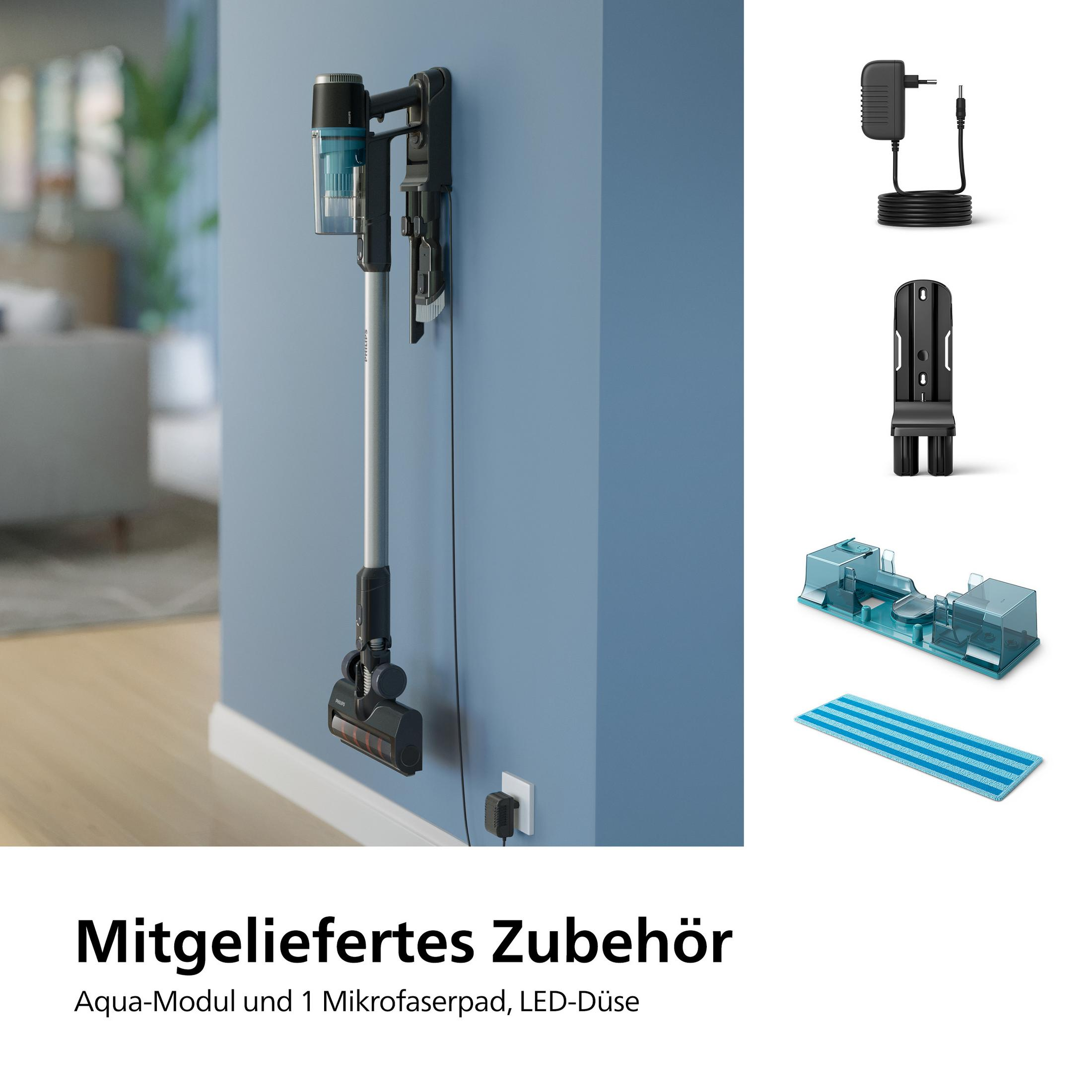 Een kruimelzuiger hangt aan een blauwe muur. Accessoires worden apart getoond.