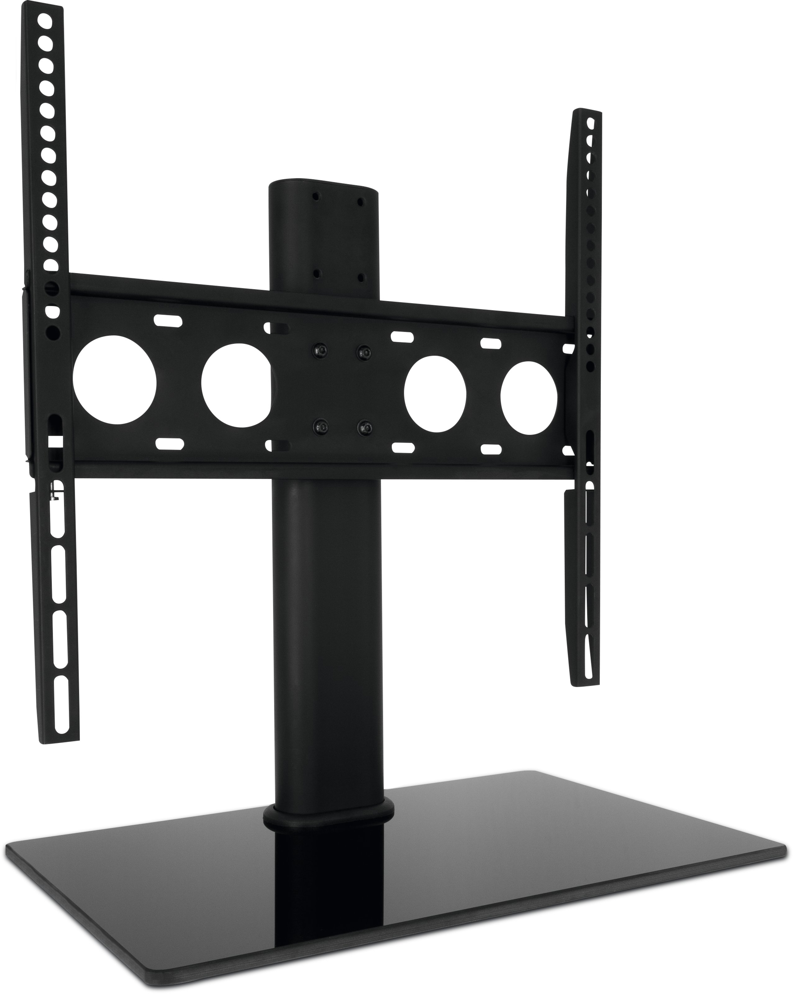 Supporto TV nero con base in vetro e staffe regolabili.