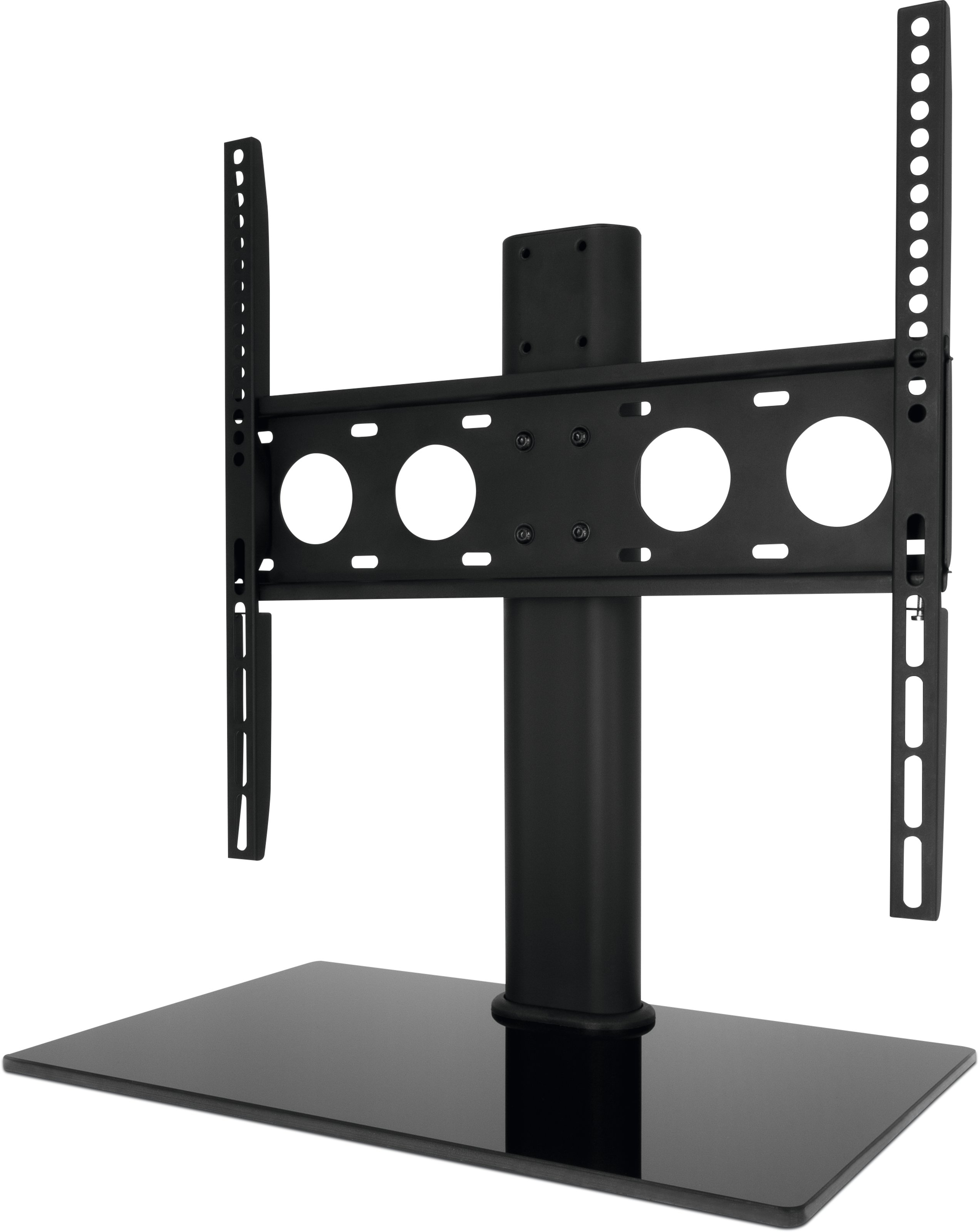 Supporto TV nero con base in vetro e staffe regolabili.