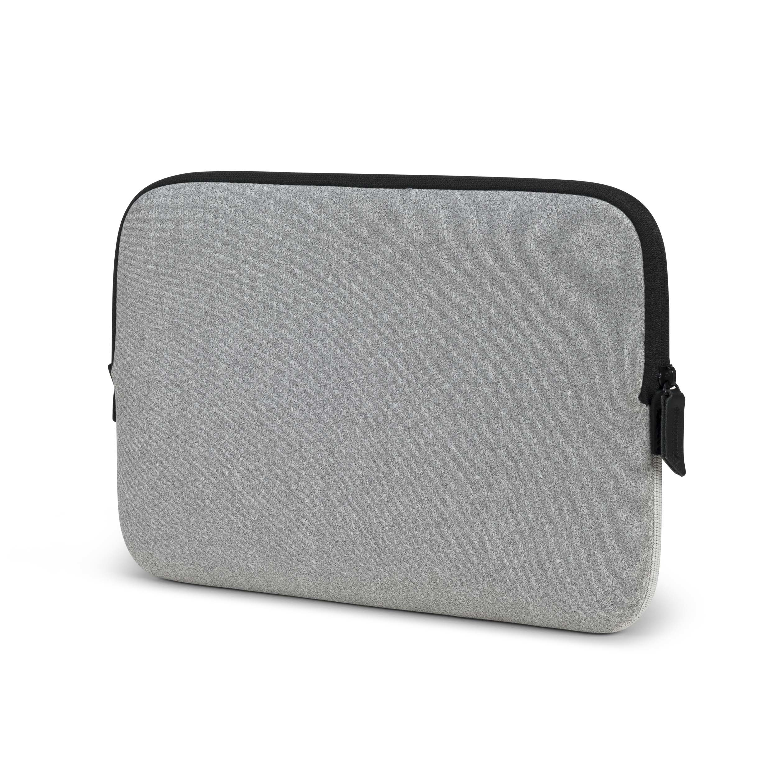 Custodia grigia in tessuto per laptop con zip nera e tiretto.
