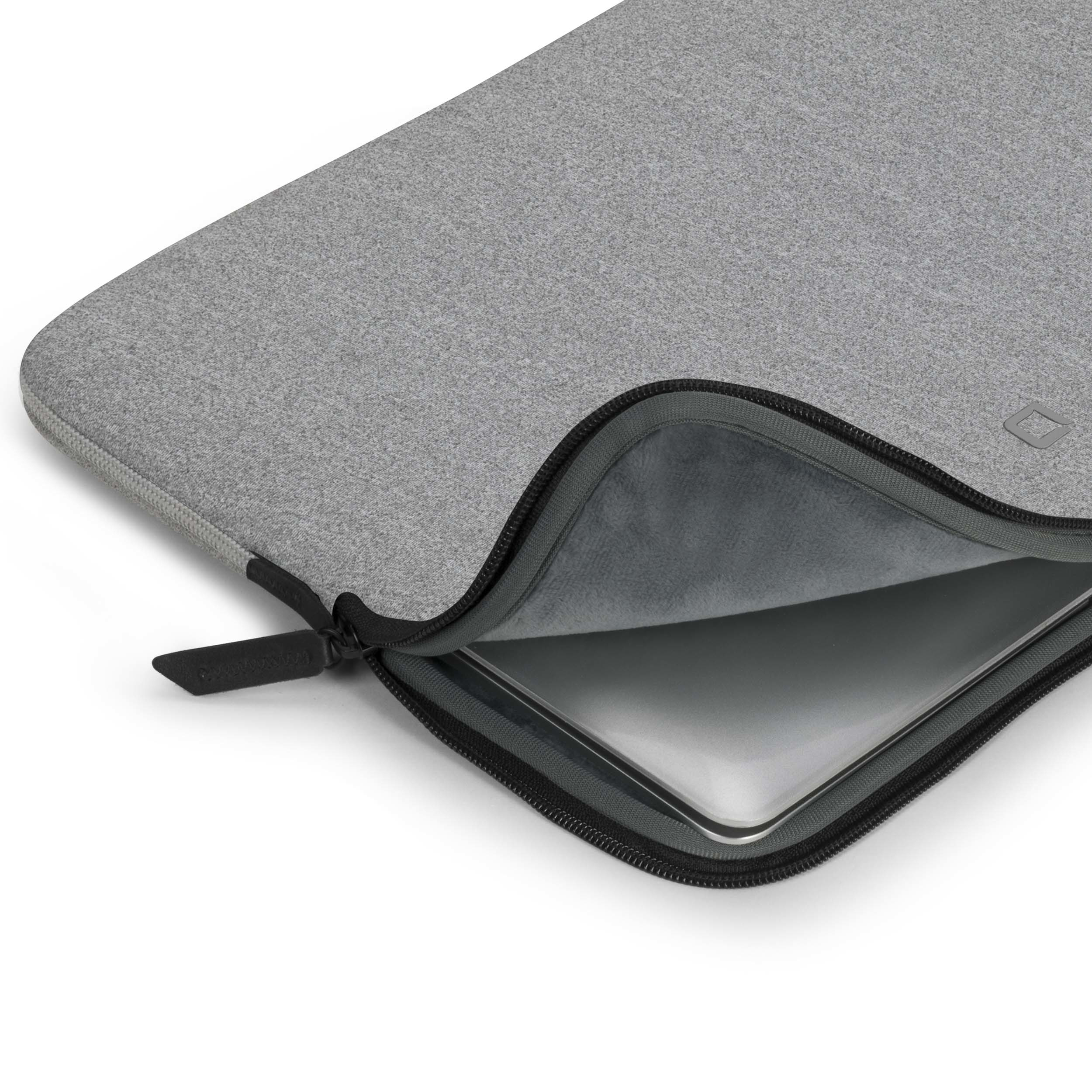 Custodia grigia per laptop, parzialmente aperta, con laptop all'interno.