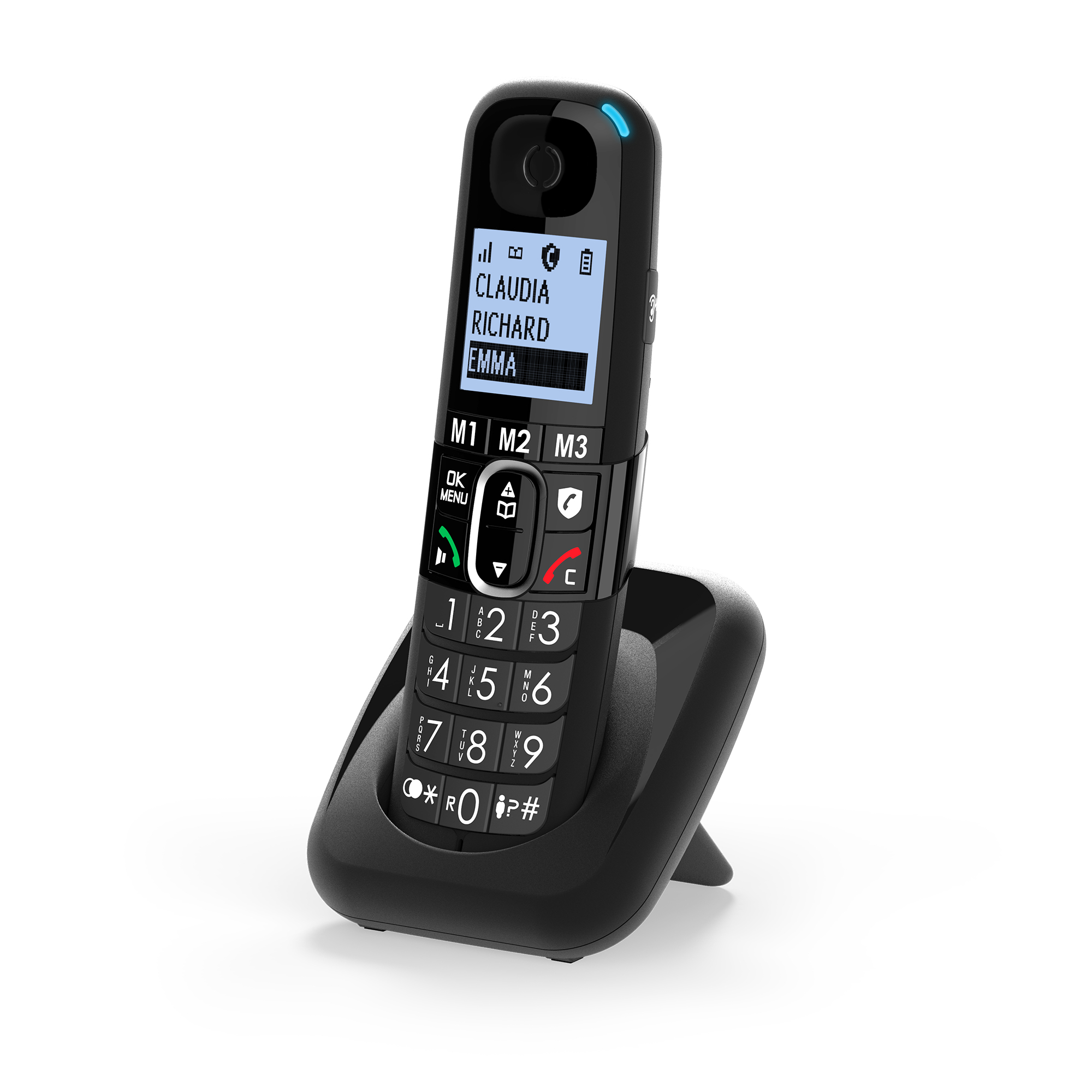 Een zwarte draadloze telefoon met verlicht scherm met namen erop staat op het laadstation.