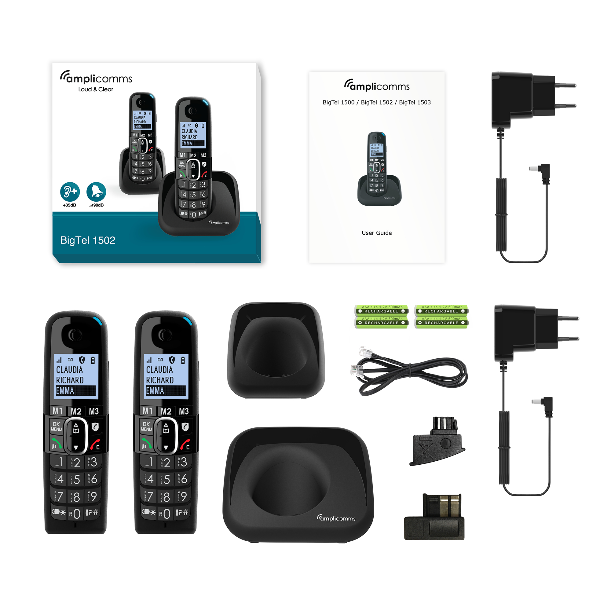 Een BigTel 1502 telefoon met accessoires: handsets, oplaadstation, stroomadapter en batterijen.