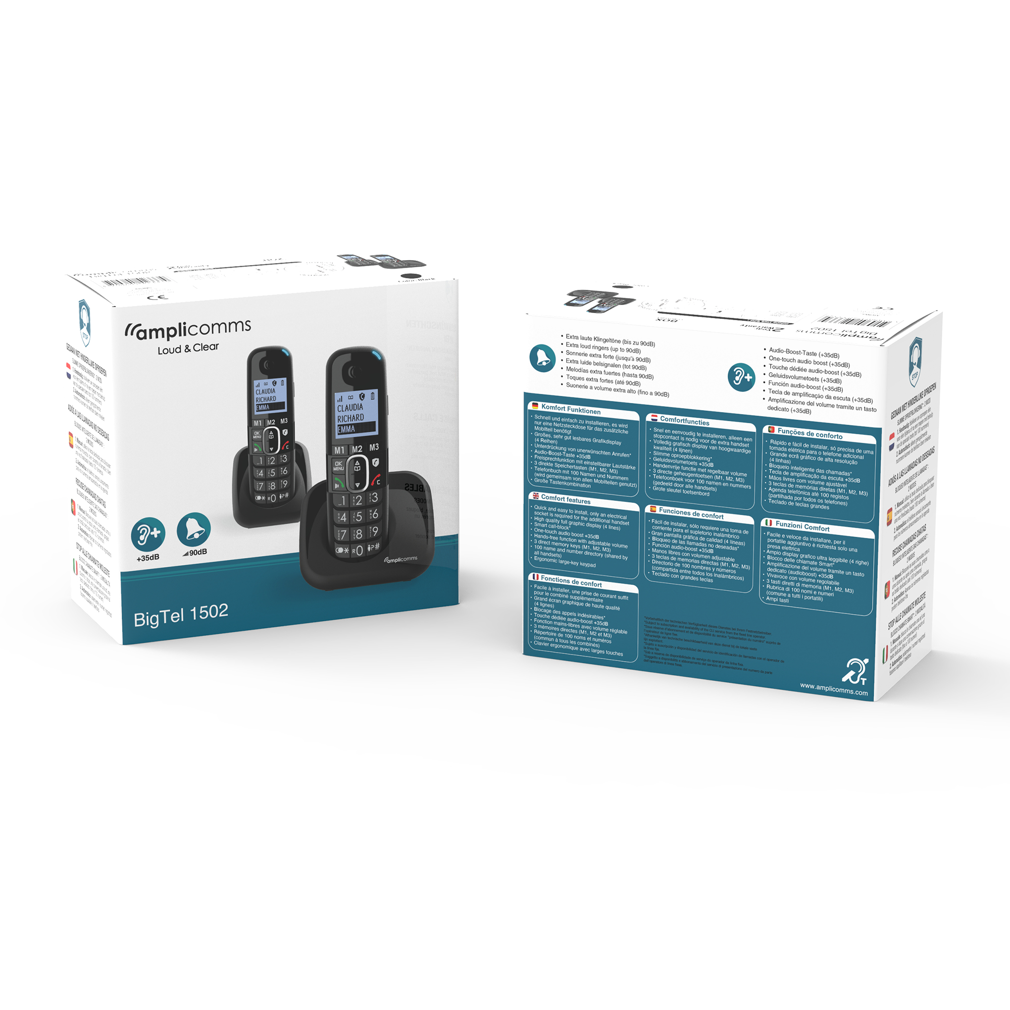 Twee zwarte draadloze telefoons met oplaadstations en productinformatie.