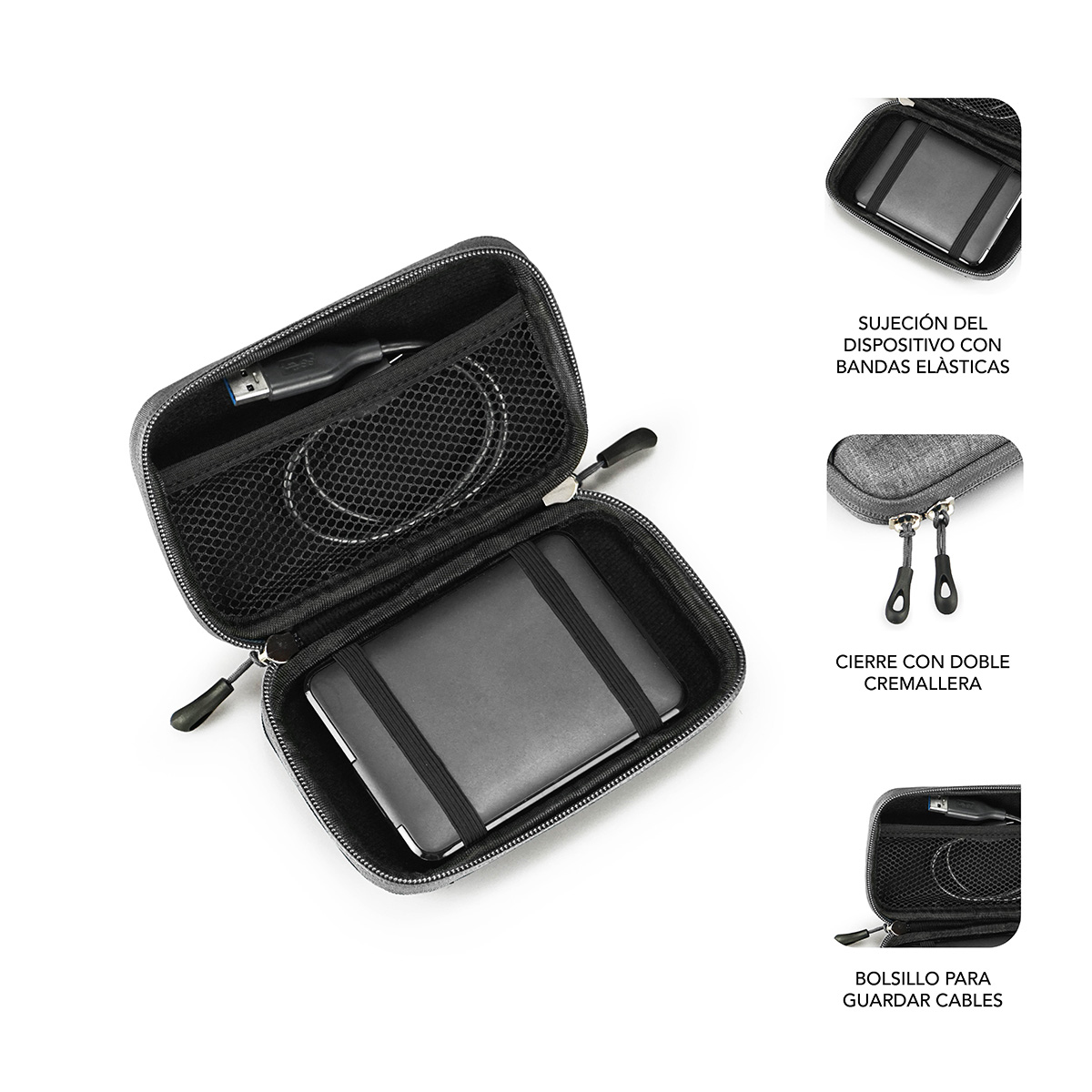 Estuche rígido gris para electrónica con cable USB y disco duro.