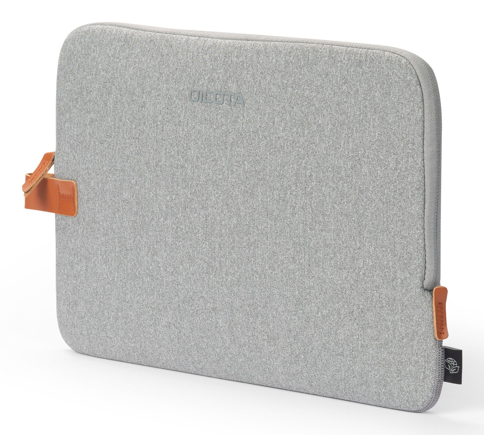 Custodia grigia per laptop con accenti in pelle marrone e logo.