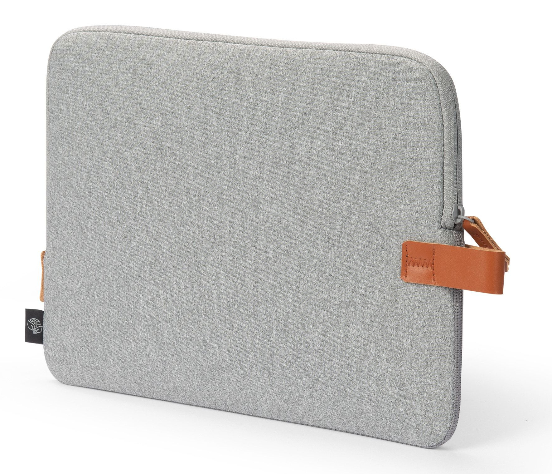 Custodia grigia per laptop con dettagli in pelle marrone e zip.