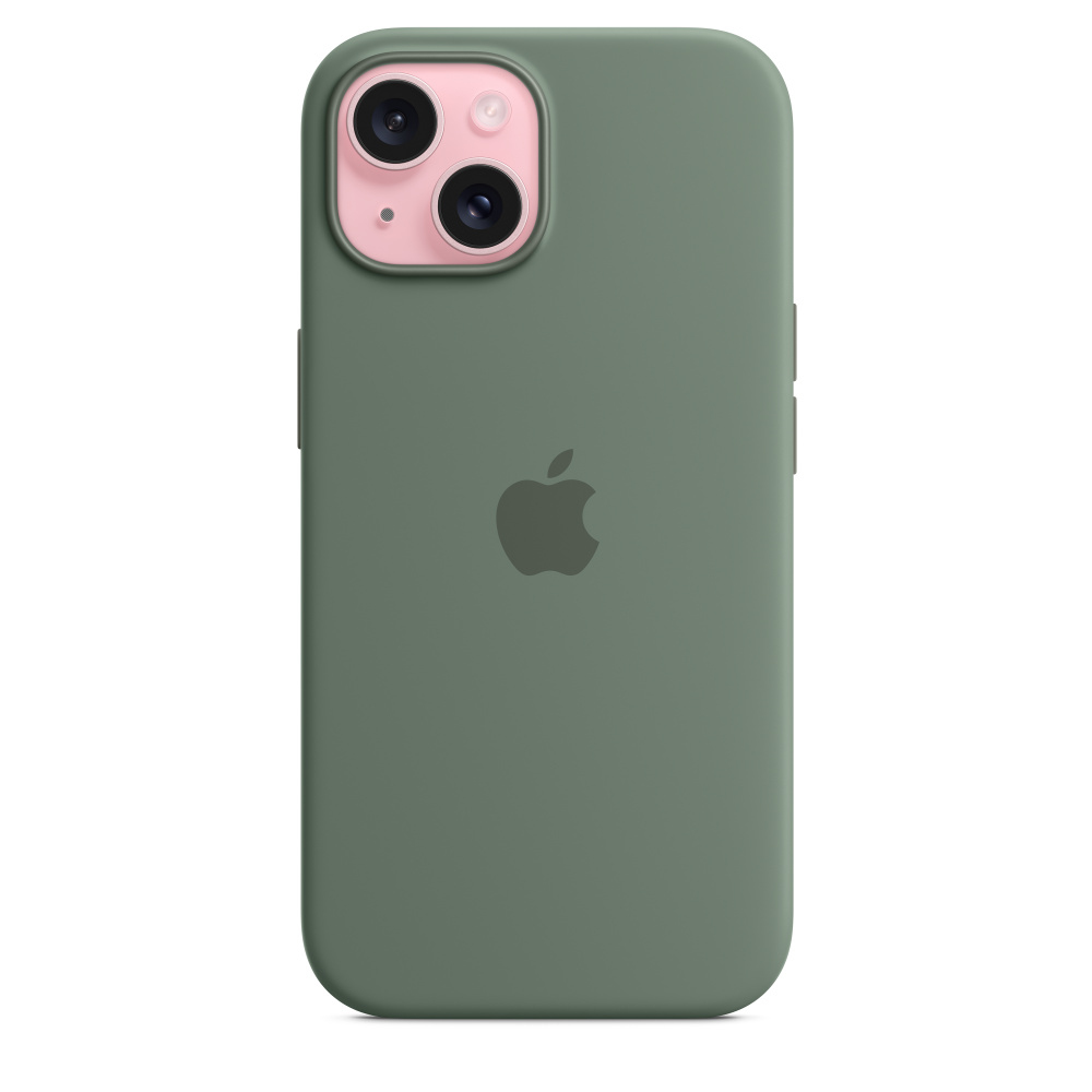 Custodia verde per iPhone con doppia fotocamera e logo Apple.