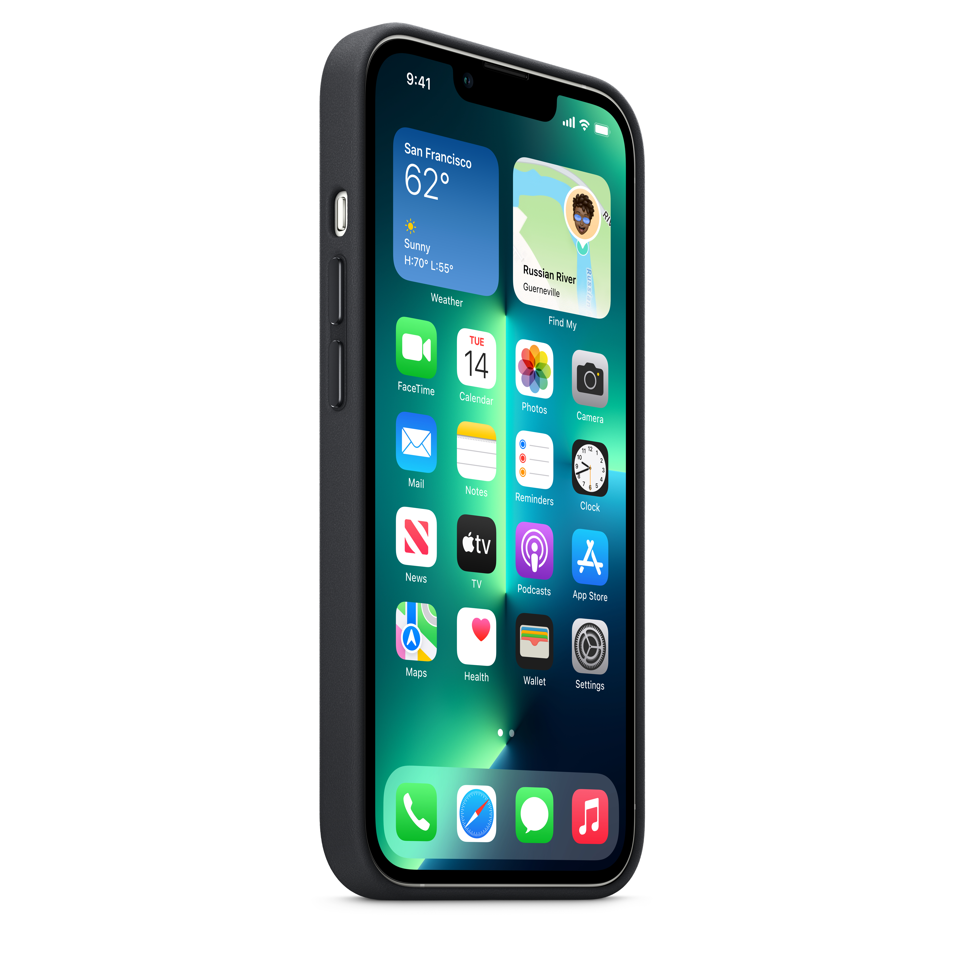 Ein schwarzes iPhone mit einem dunklen Gehäuse zeigt den Homescreen mit App-Symbolen und Widgets.