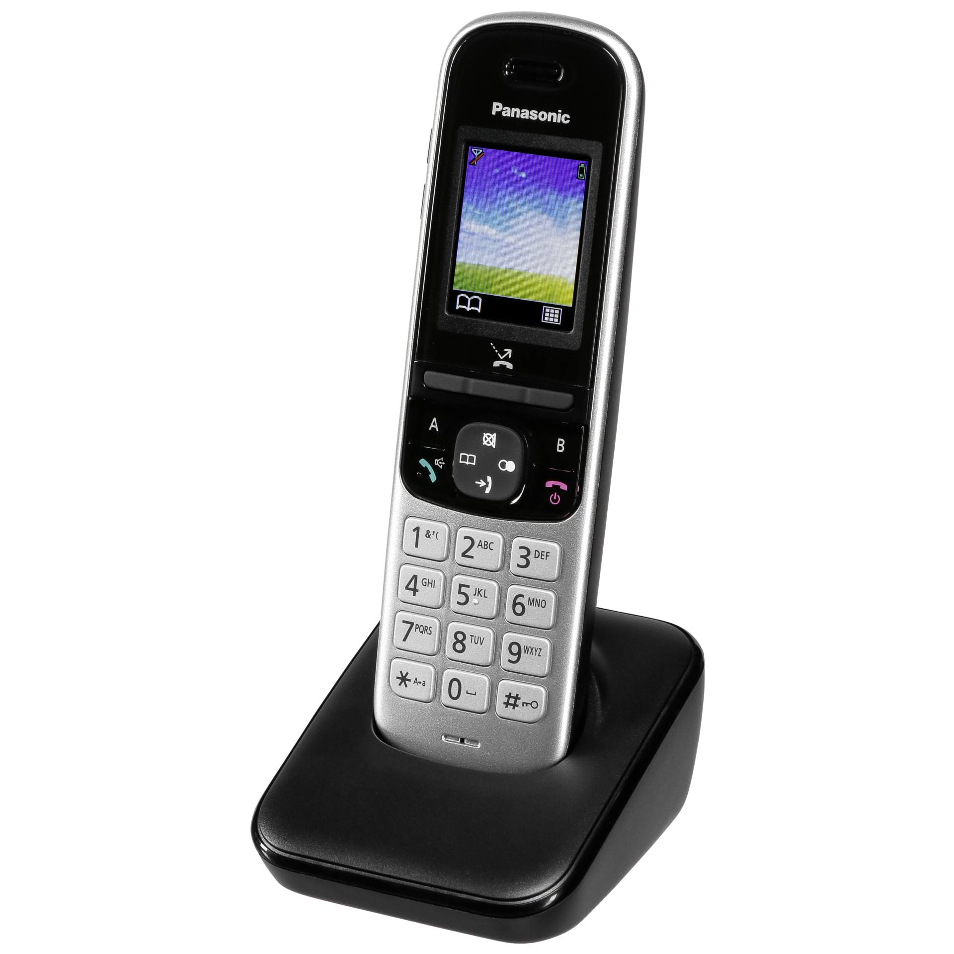 Un telefono cordless Panasonic argentato con base di ricarica nera.