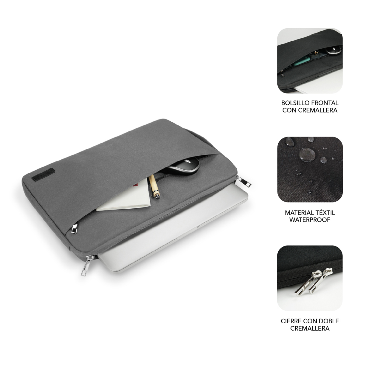Custodia grigia per laptop con tasca frontale, penna, mouse e laptop.