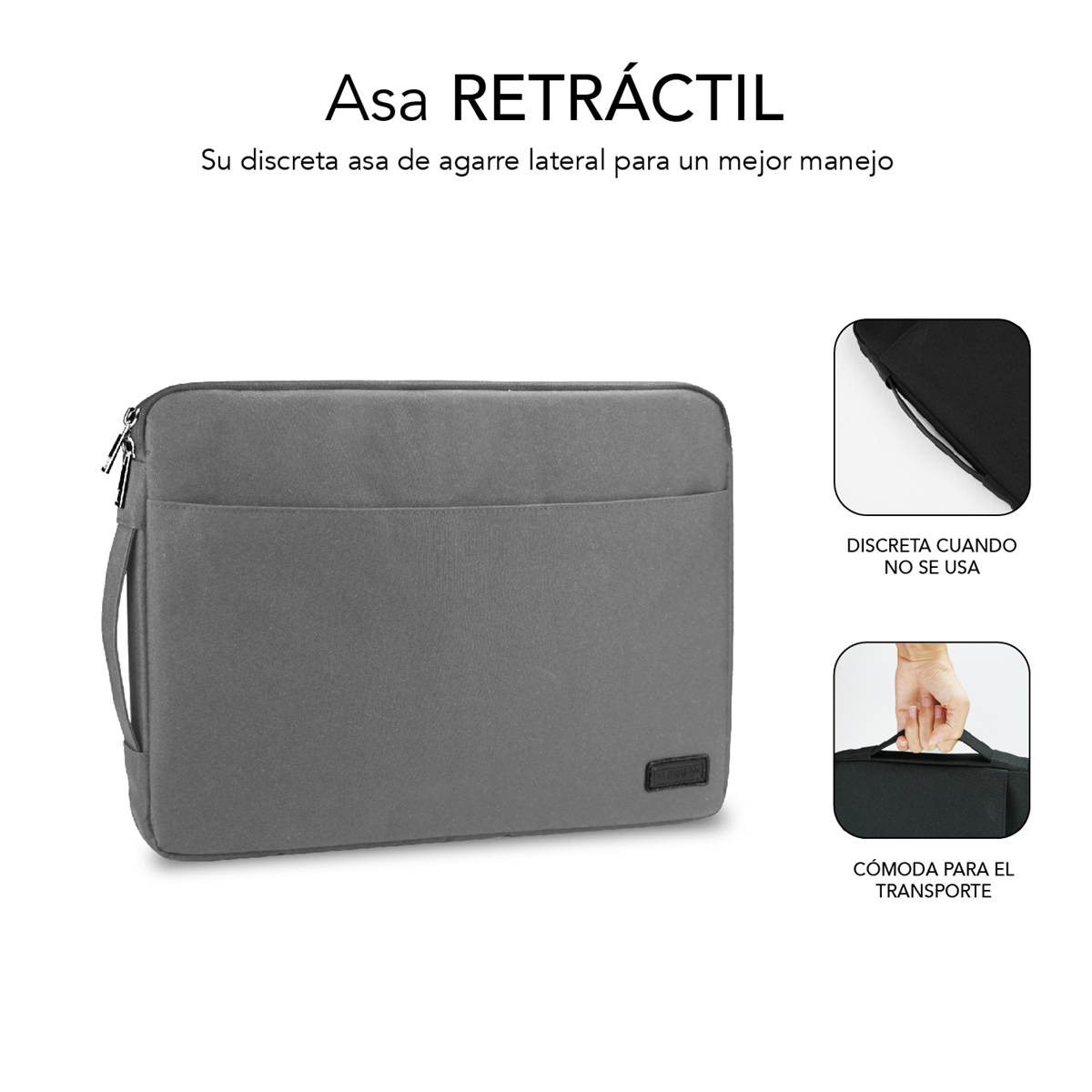 Borsa grigia per laptop con manico retrattile. Discreta e comoda da trasportare.
