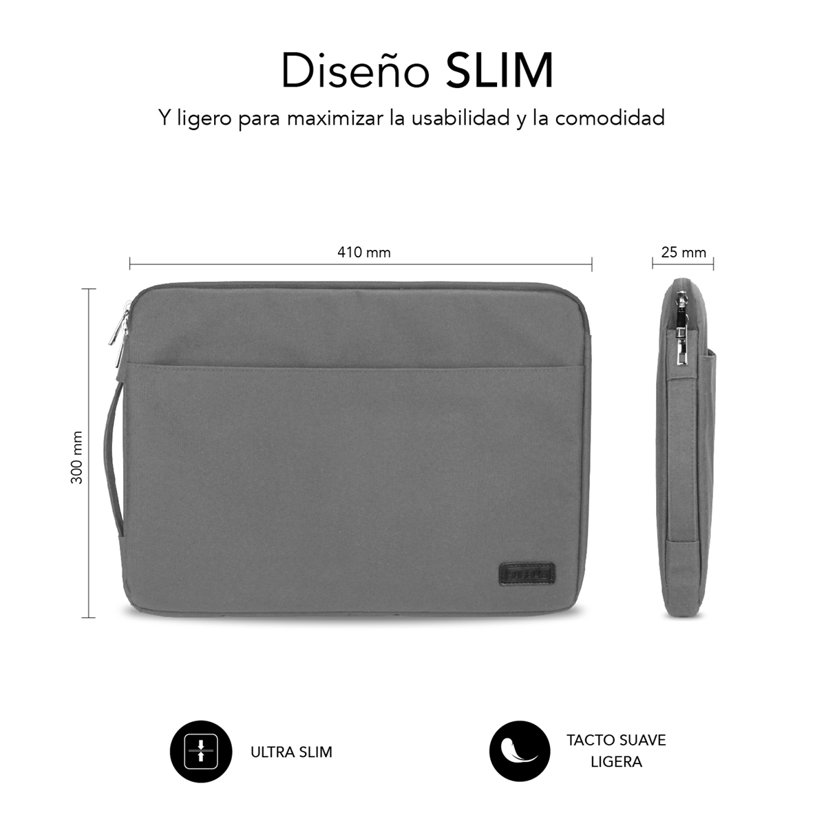 Custodia grigia per laptop, 410x300x25 mm, design sottile e leggero.