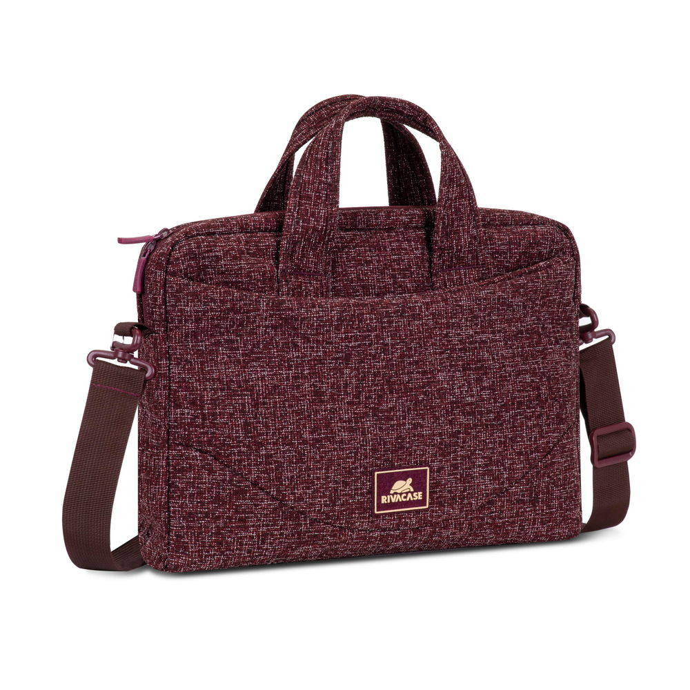 Una borsa per laptop color burgundy con manici e tracolla.