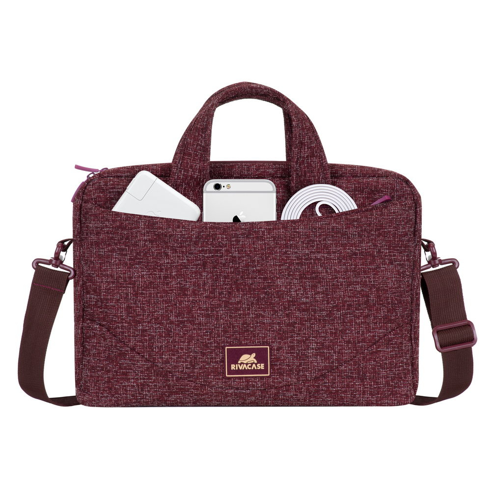 Borsa per laptop color bordeaux con tasca frontale contenente caricabatterie, smartphone e cavo.