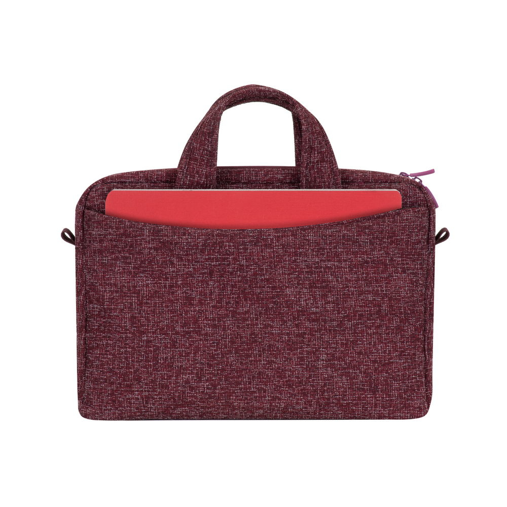 Borsa per laptop color vinaccia con manici e tasca frontale rossa.