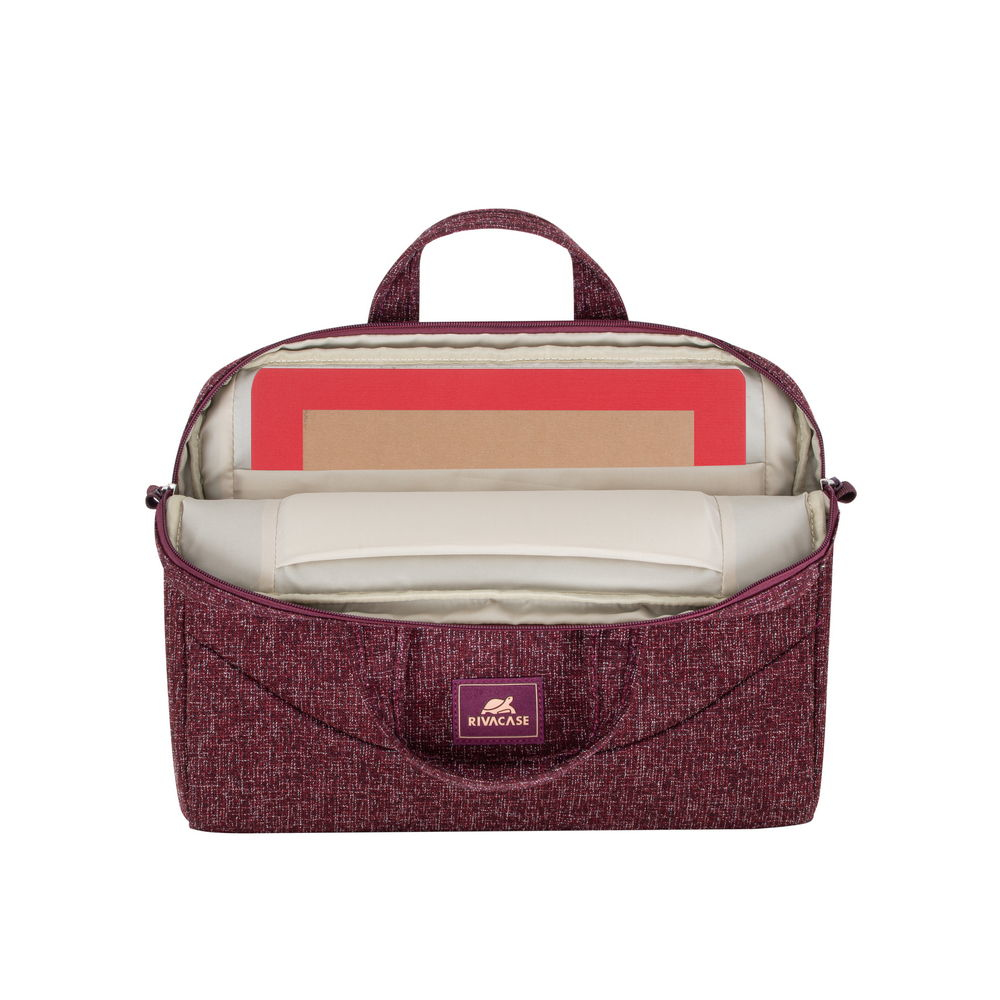 Borsa per laptop aperta color vinaccia con manici, contenente cartelline rosse e marroni.