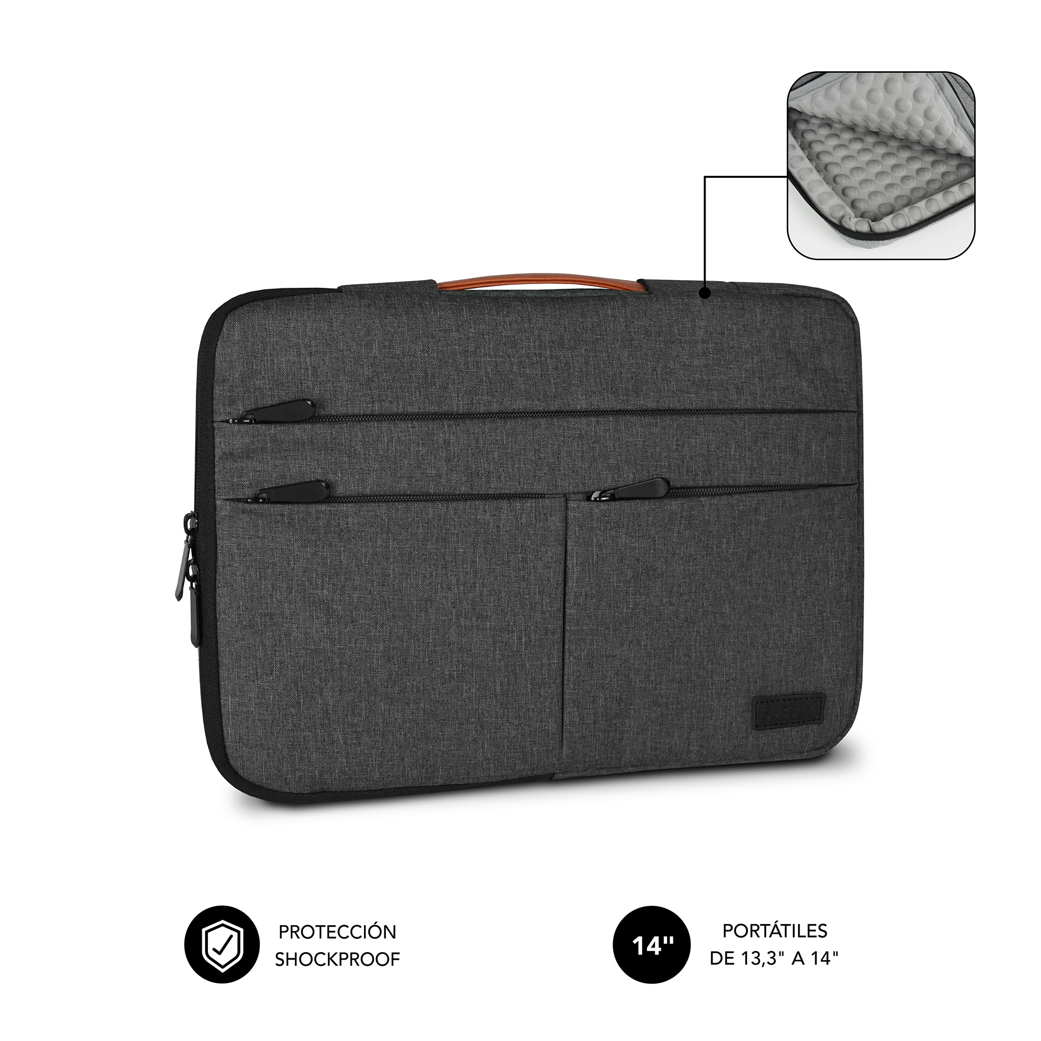 Borsa porta PC grigio scuro con manico marrone e zip. Dettaglio interno mostrato.