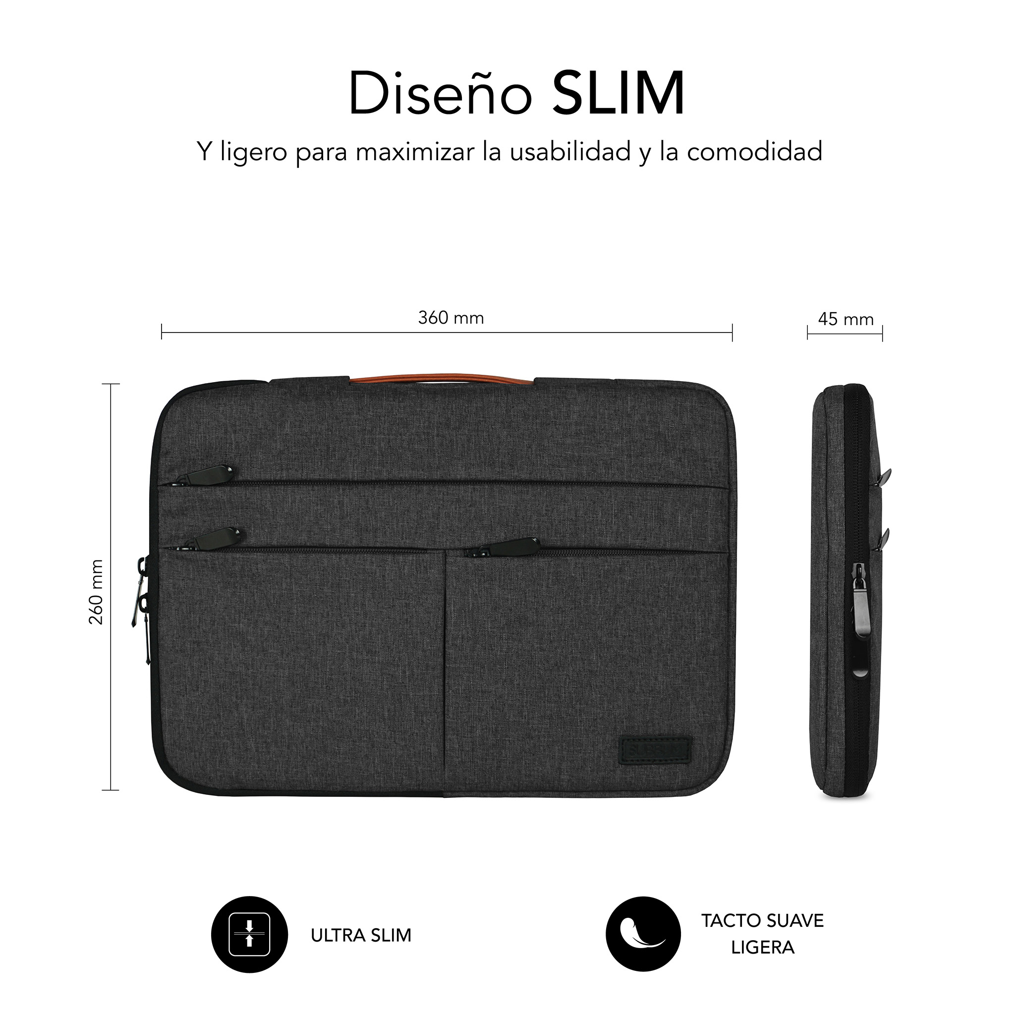 Borsa per laptop grigia con cerniere e dimensioni. Design sottile.