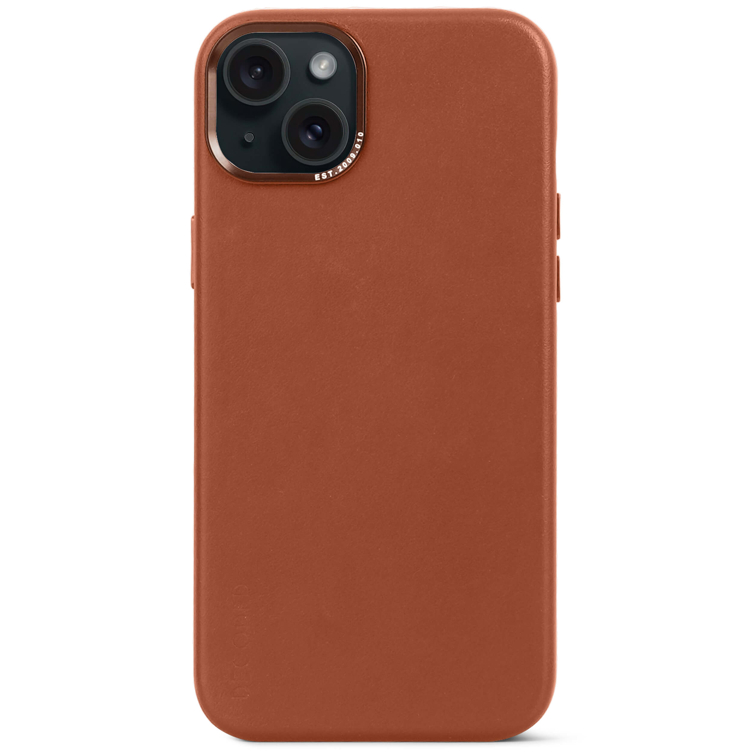 Una custodia marrone per telefono con un rigonfiamento della fotocamera e logo.