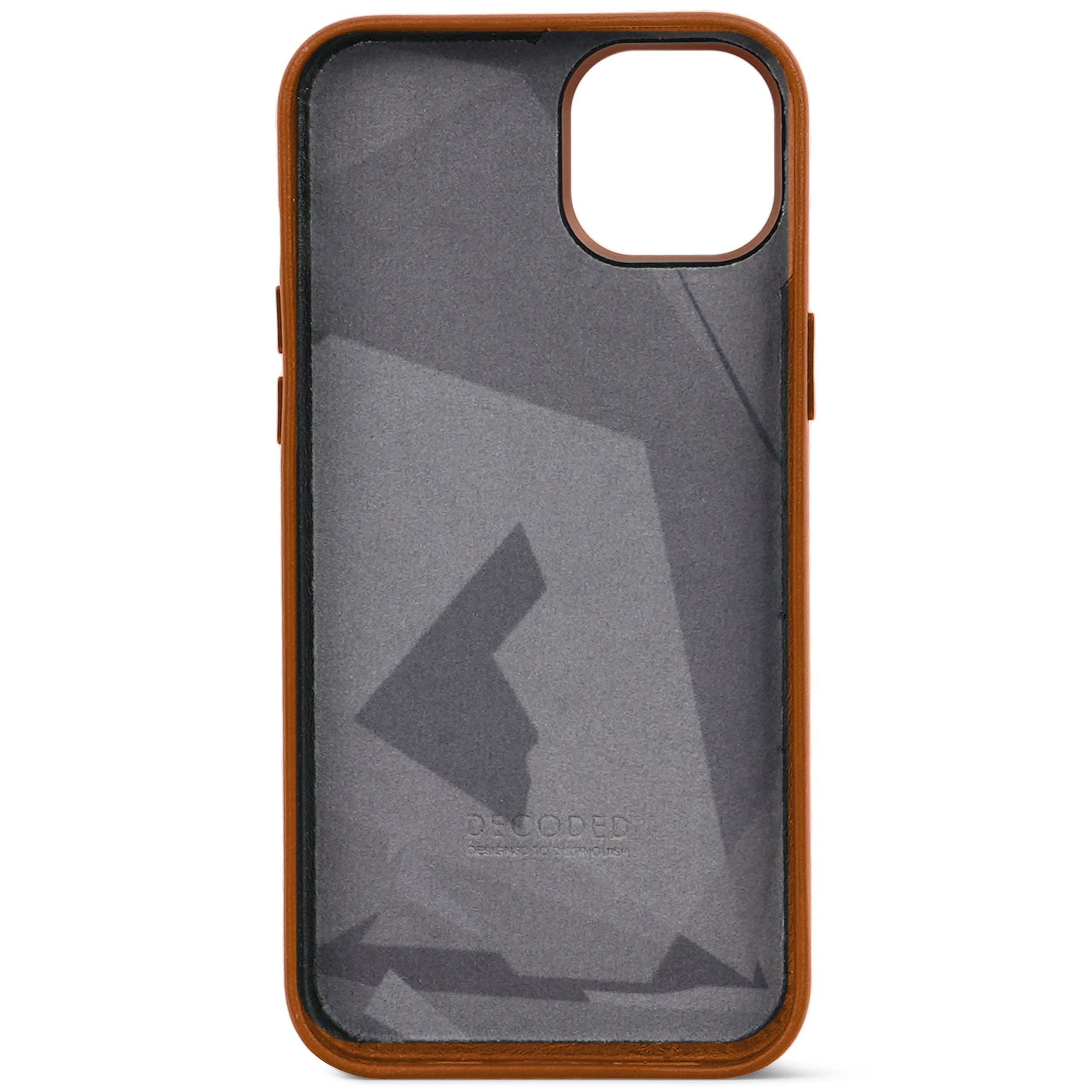 Custodia marrone per telefono con retro grigio e motivo geometrico.