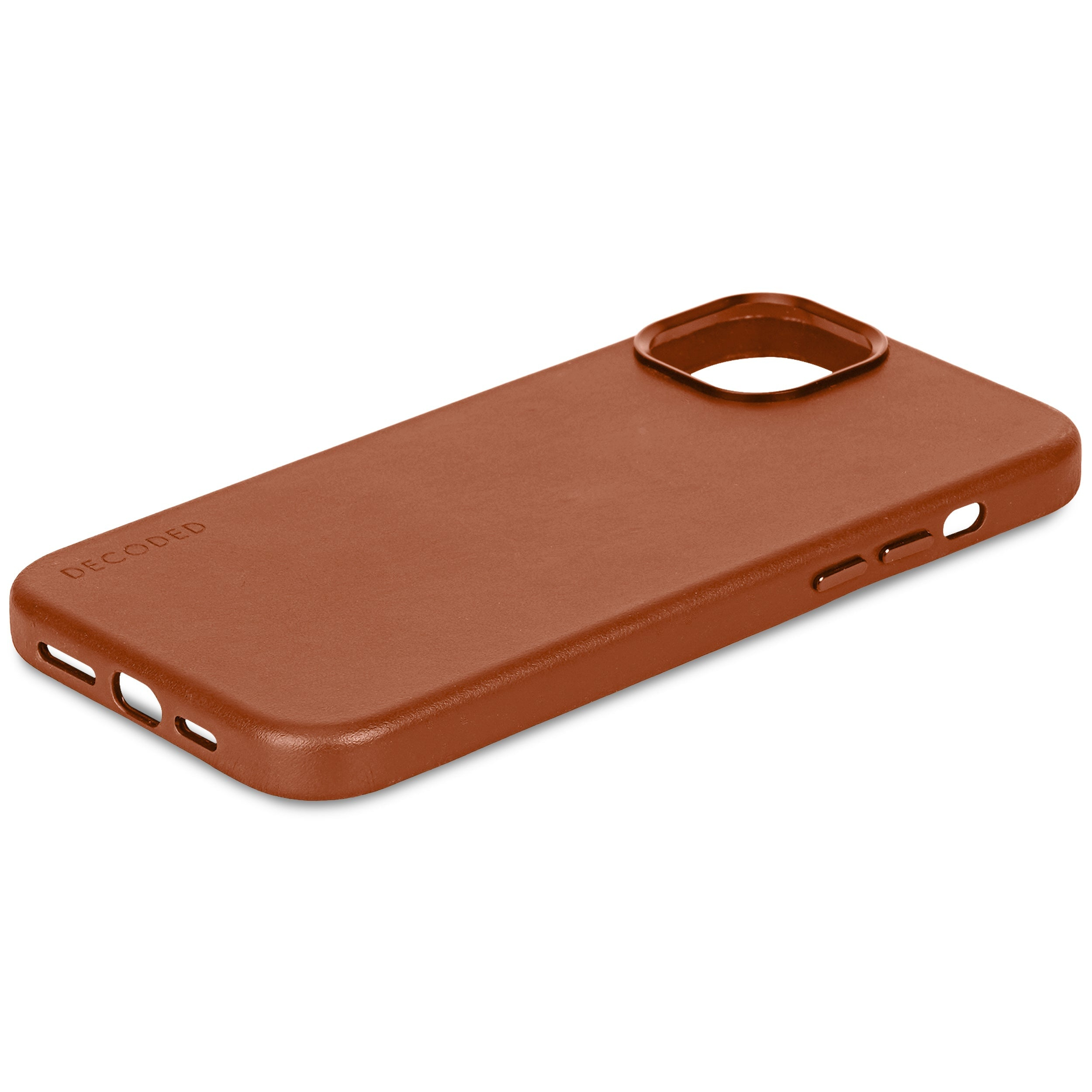 Custodia in pelle marrone per smartphone con ritaglio fotocamera e logo.