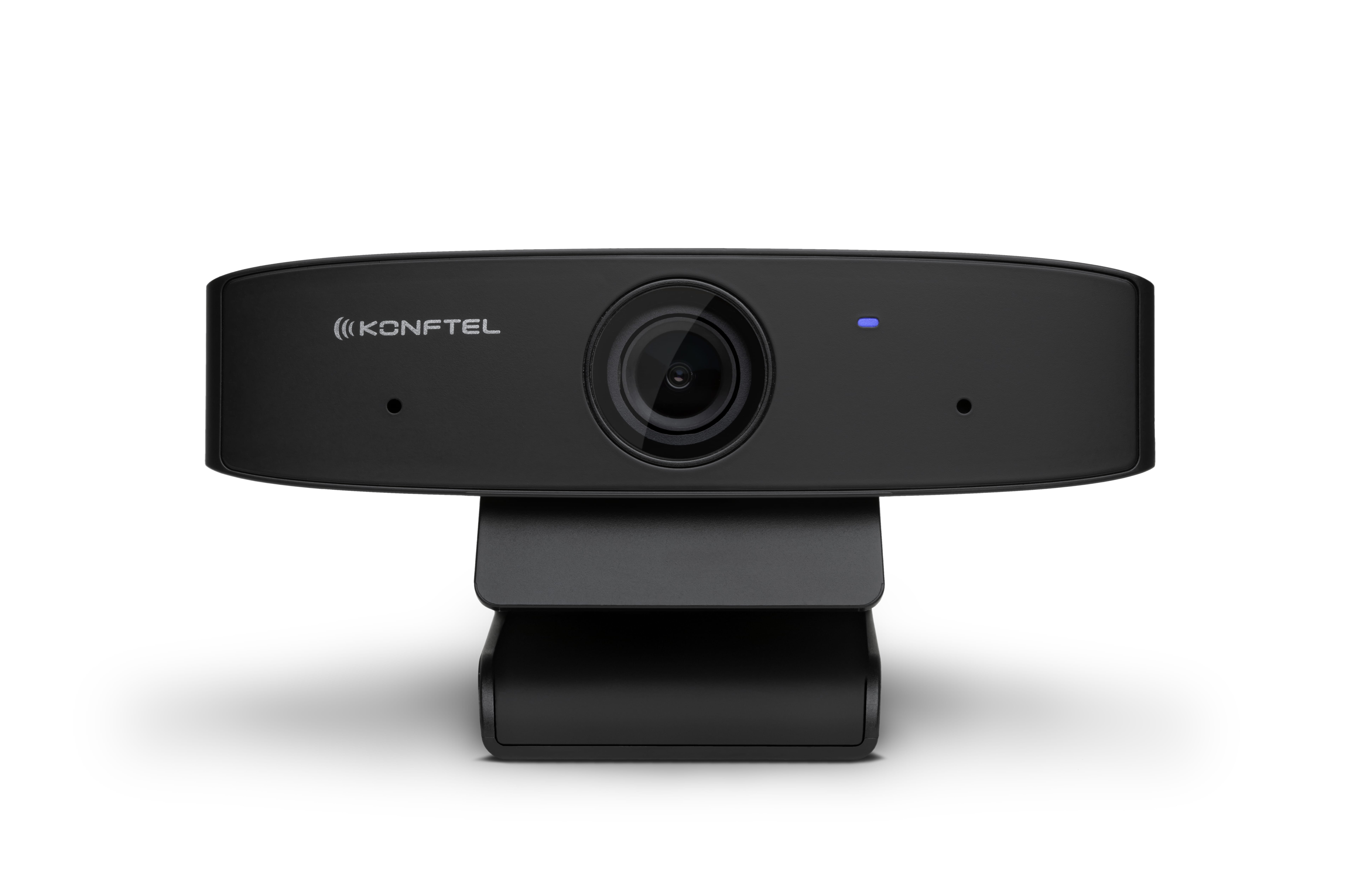 Schwarze Webcam mit Konftel-Logo, Linse und blauer LED.